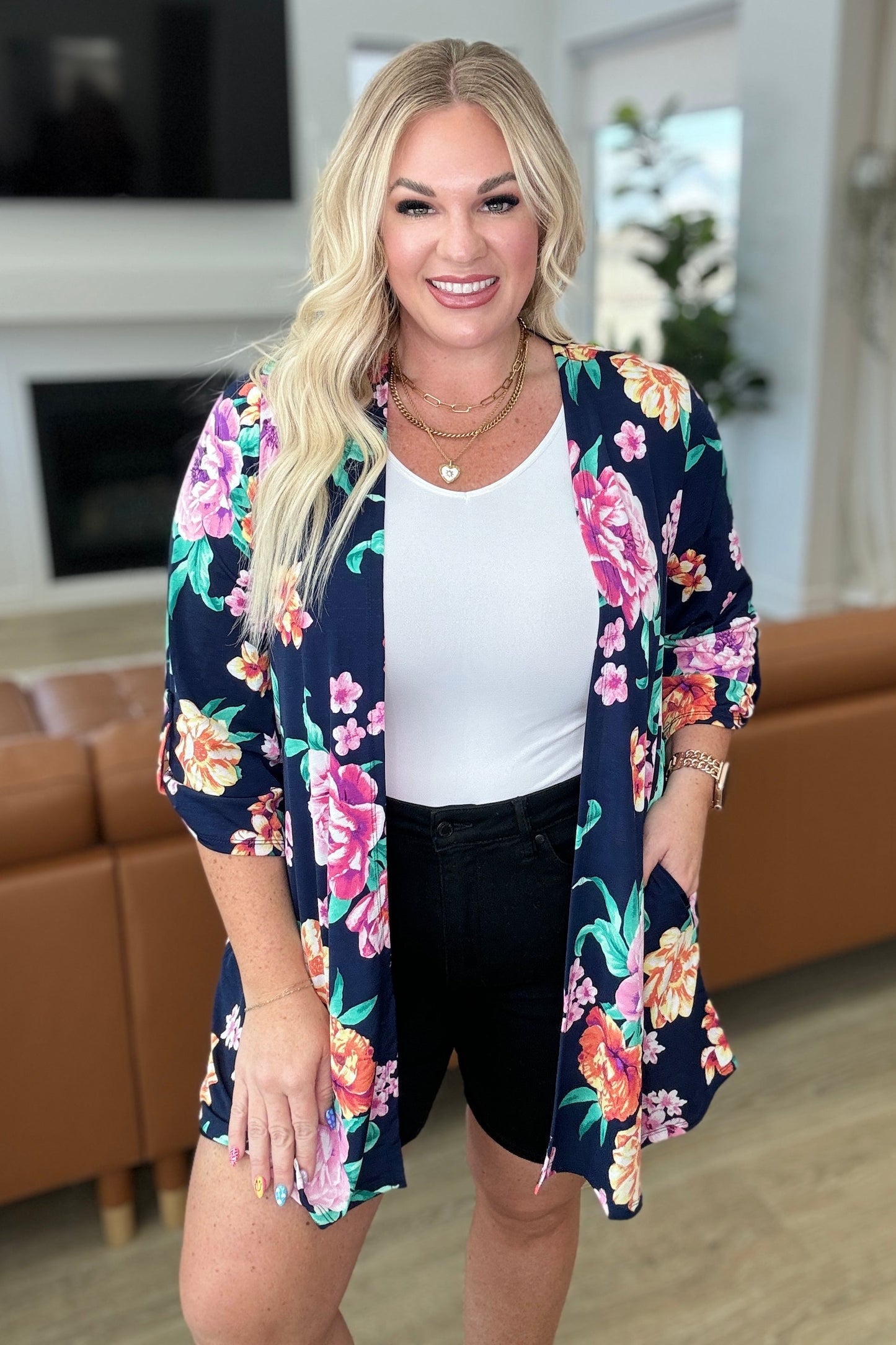 Lizzy Cardigan in Navy and Lavender Bouquet-Layers-Modish Lily, Tecumseh Michigan