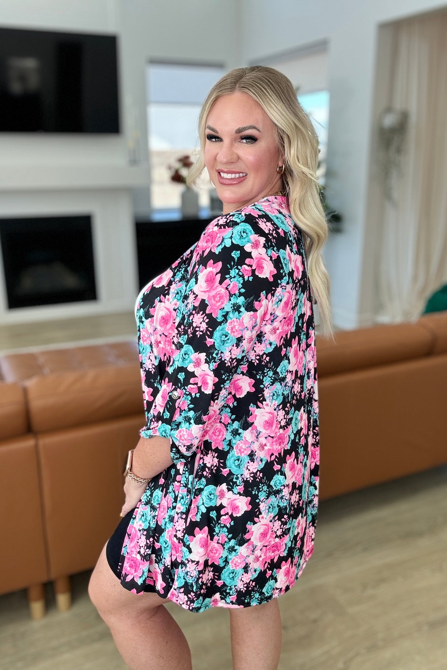 Lizzy Cardigan in Black and Pink Floral-Layers-Modish Lily, Tecumseh Michigan