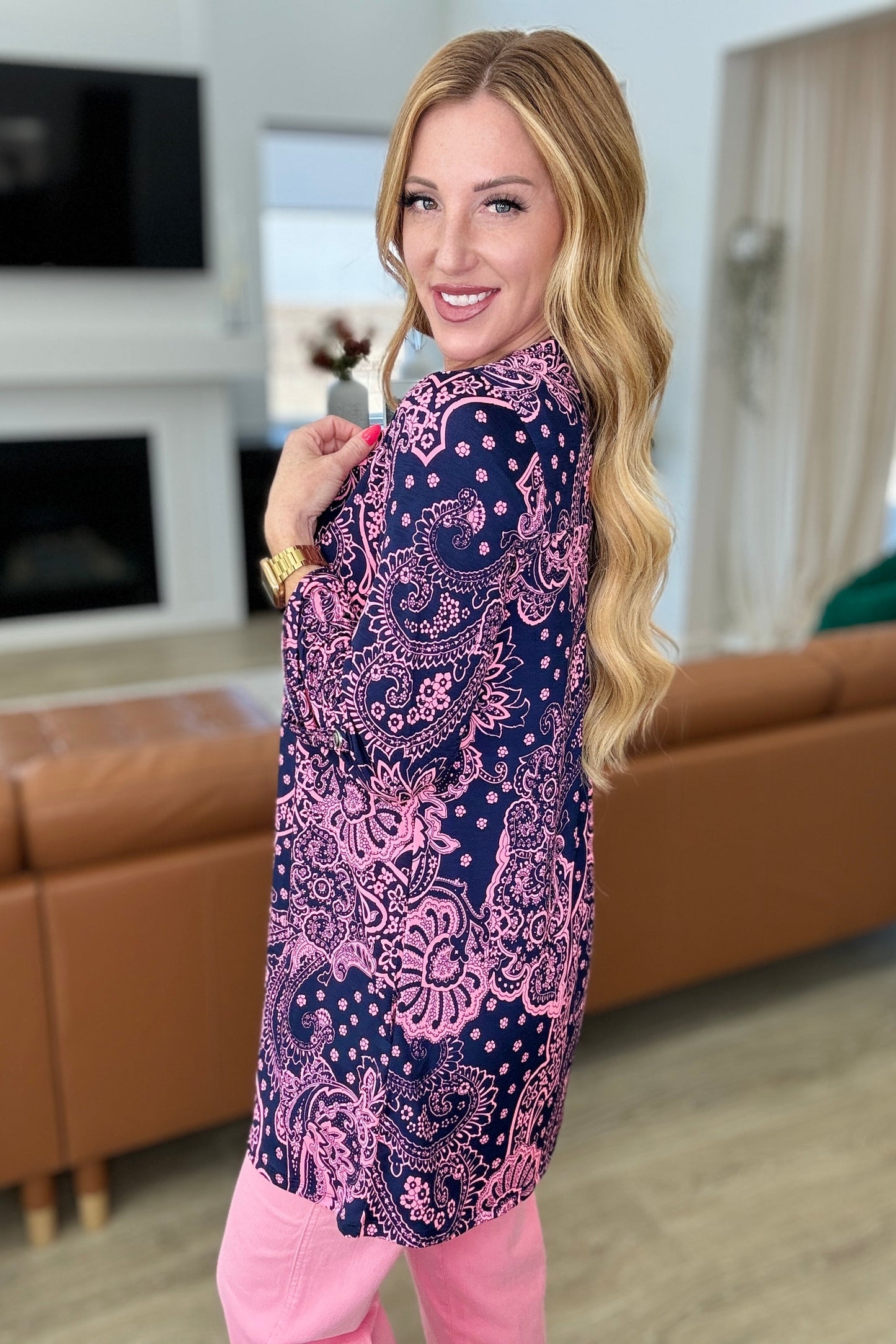 Lizzy Cardigan in Navy and Pink Paisley-Layers-Modish Lily, Tecumseh Michigan