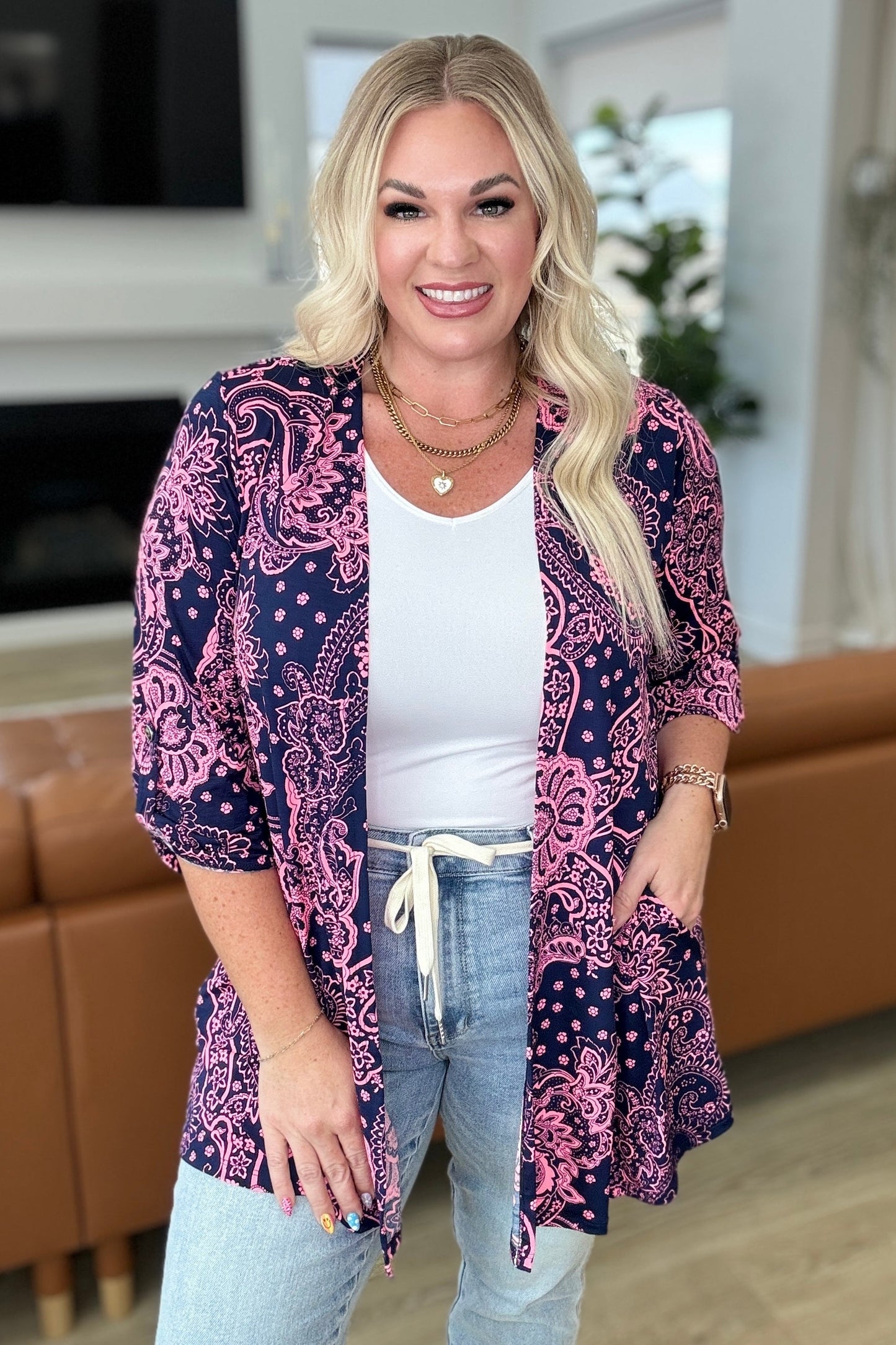 Lizzy Cardigan in Navy and Pink Paisley-Layers-Modish Lily, Tecumseh Michigan