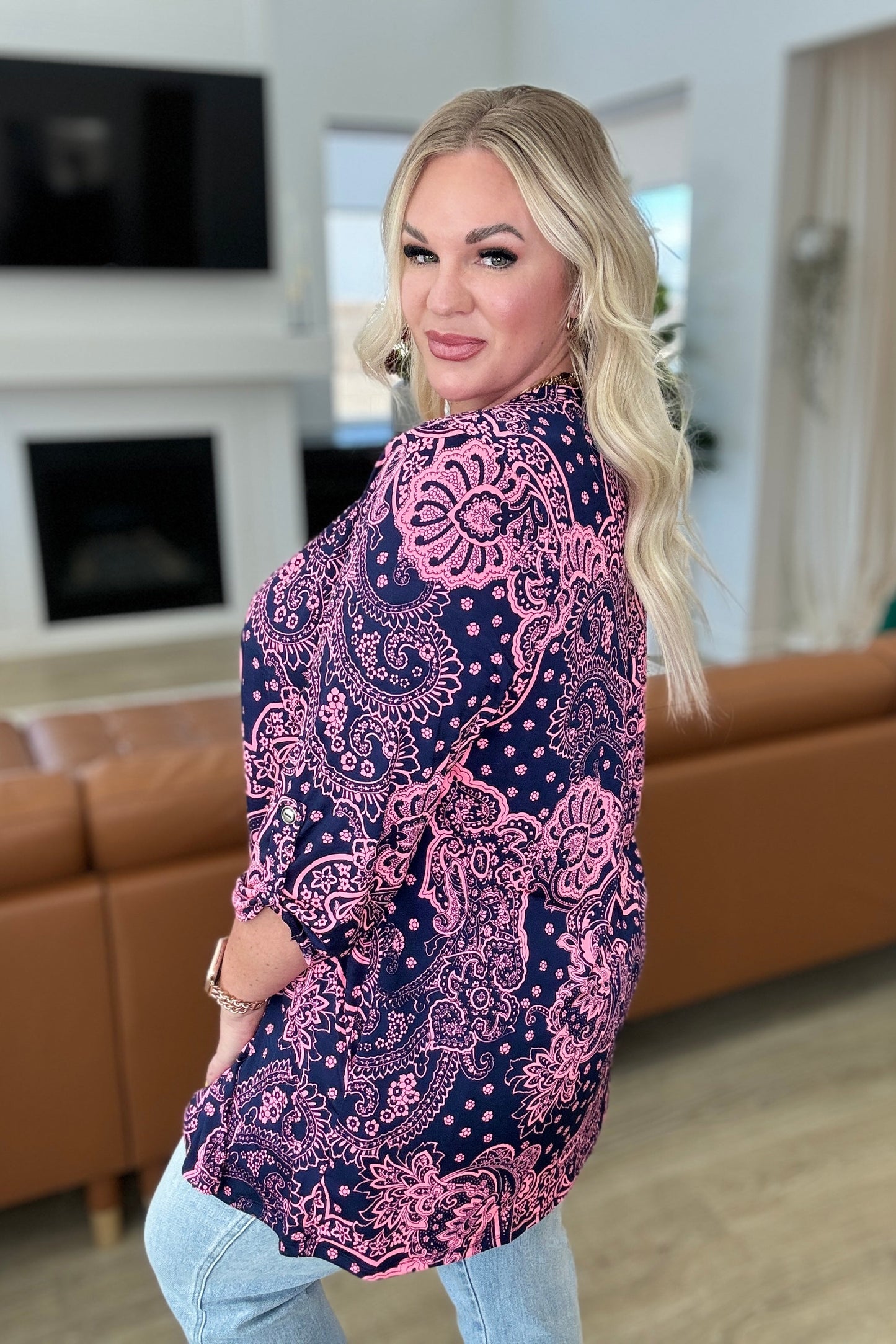 Lizzy Cardigan in Navy and Pink Paisley-Layers-Modish Lily, Tecumseh Michigan