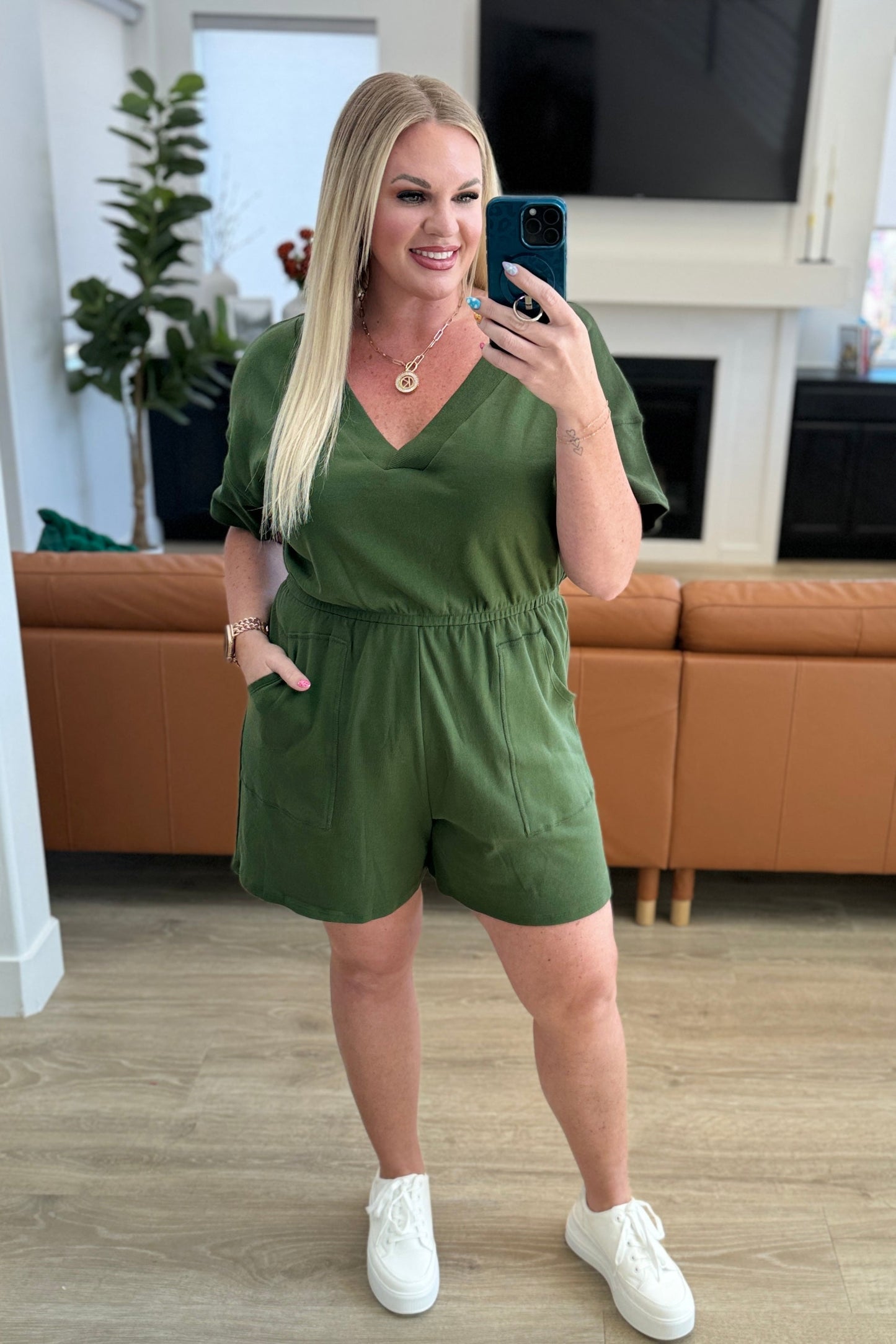 Short Sleeve V-Neck Romper in Army Green-Jumpsuits & Rompers-Modish Lily, Tecumseh Michigan