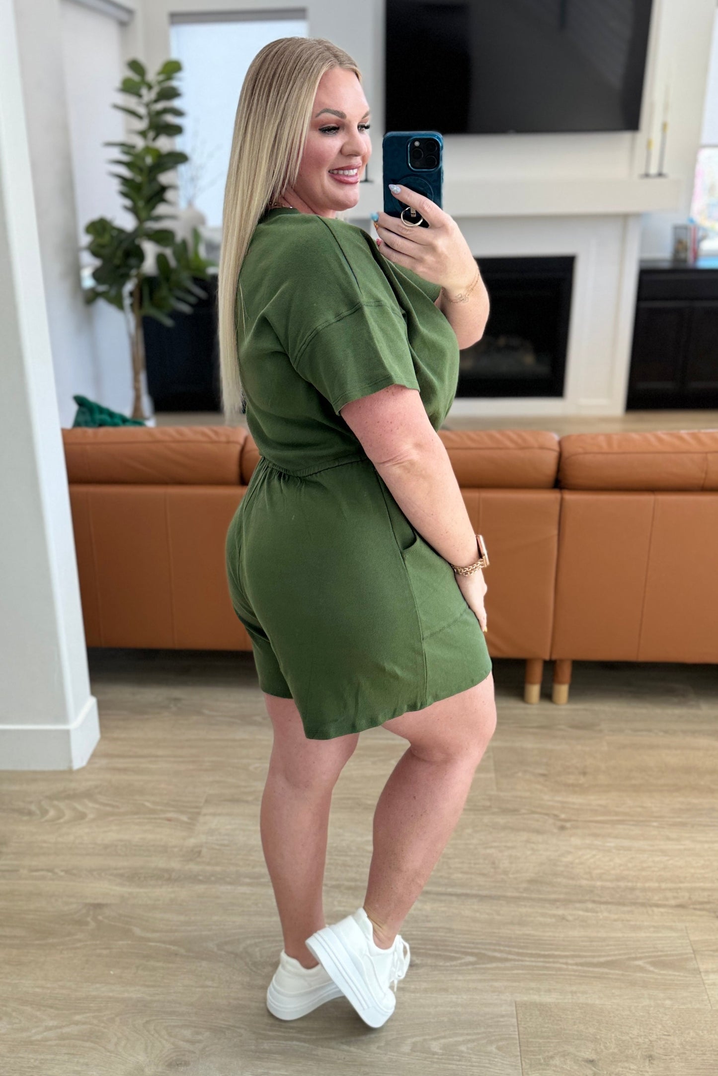 Short Sleeve V-Neck Romper in Army Green-Jumpsuits & Rompers-Modish Lily, Tecumseh Michigan