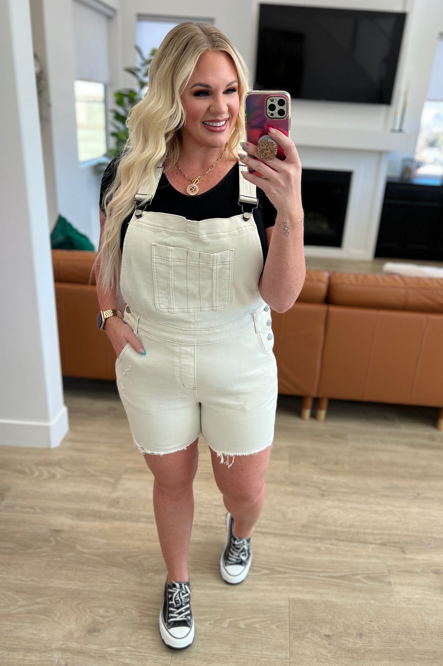 Anna High Rise Garment Dyed Cutoff Shortalls in Ecru-Denim-Modish Lily, Tecumseh Michigan