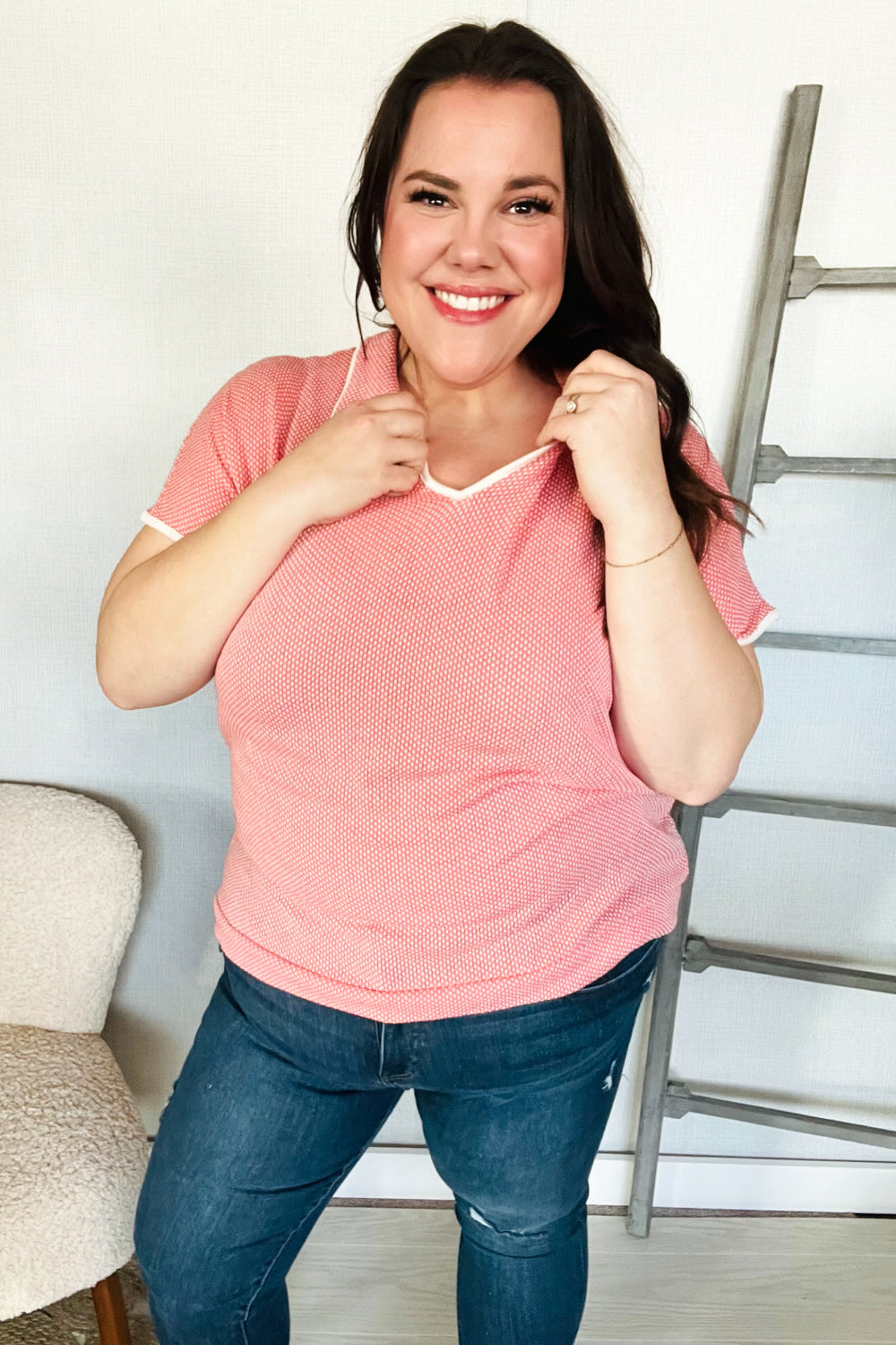 Weekend Ready Coral Collar Notch Neck Waffle Knit Top-07-01-25 Summer Sale-Modish Lily, Tecumseh Michigan