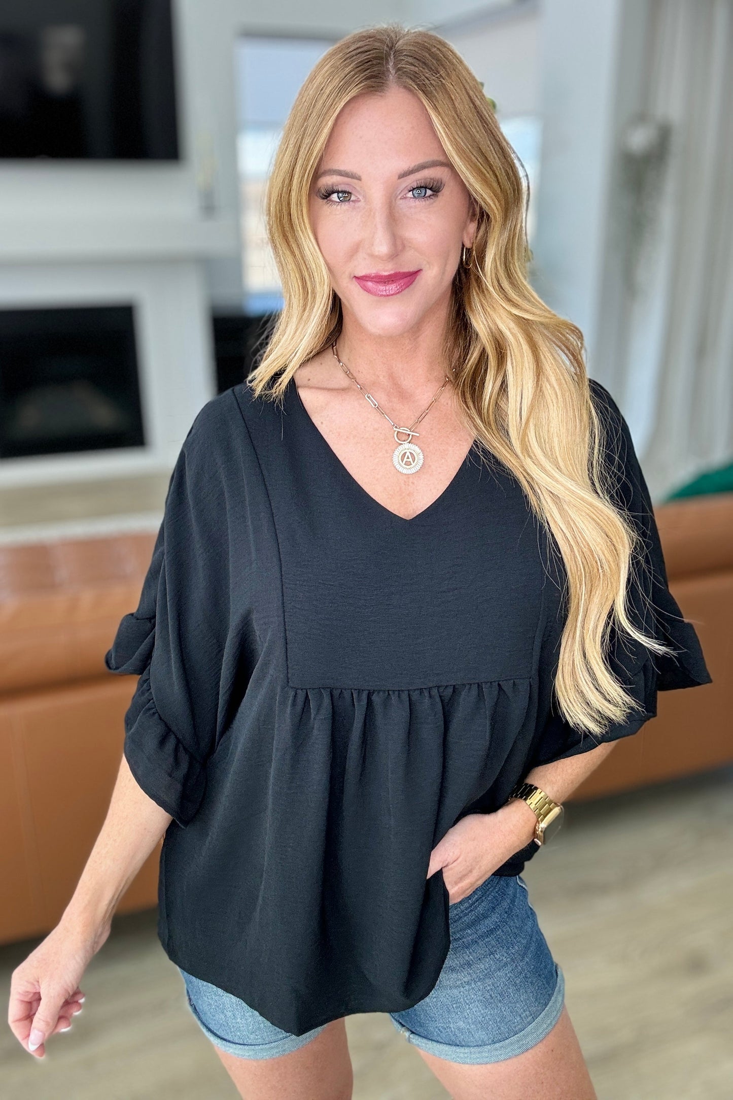 Airflow Peplum Ruffle Sleeve Top in Black-Tops-Modish Lily, Tecumseh Michigan