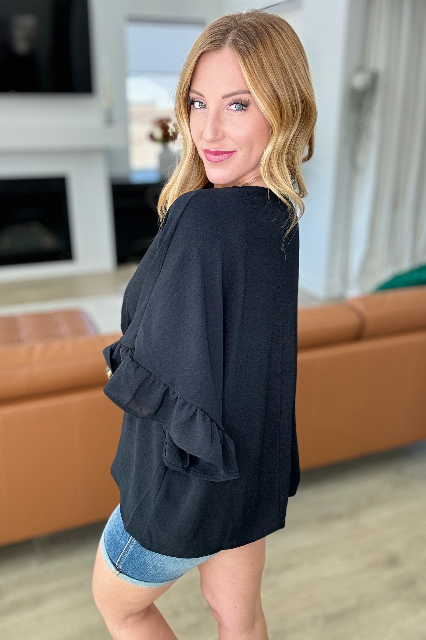 Airflow Peplum Ruffle Sleeve Top in Black-Tops-Modish Lily, Tecumseh Michigan