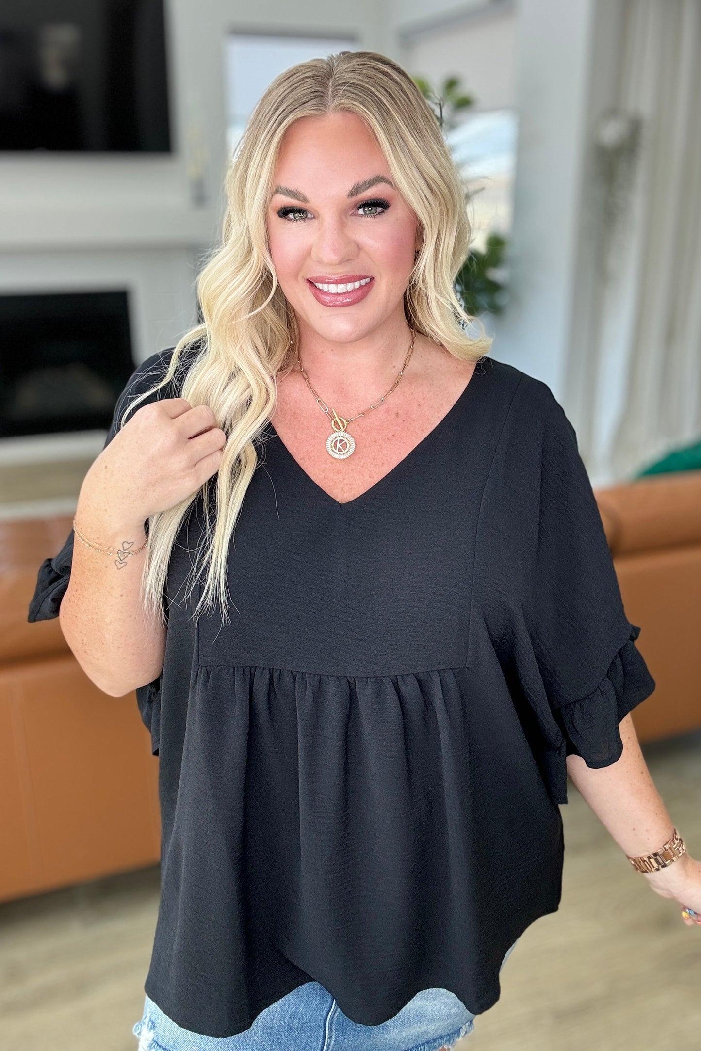 Airflow Peplum Ruffle Sleeve Top in Black-Tops-Modish Lily, Tecumseh Michigan