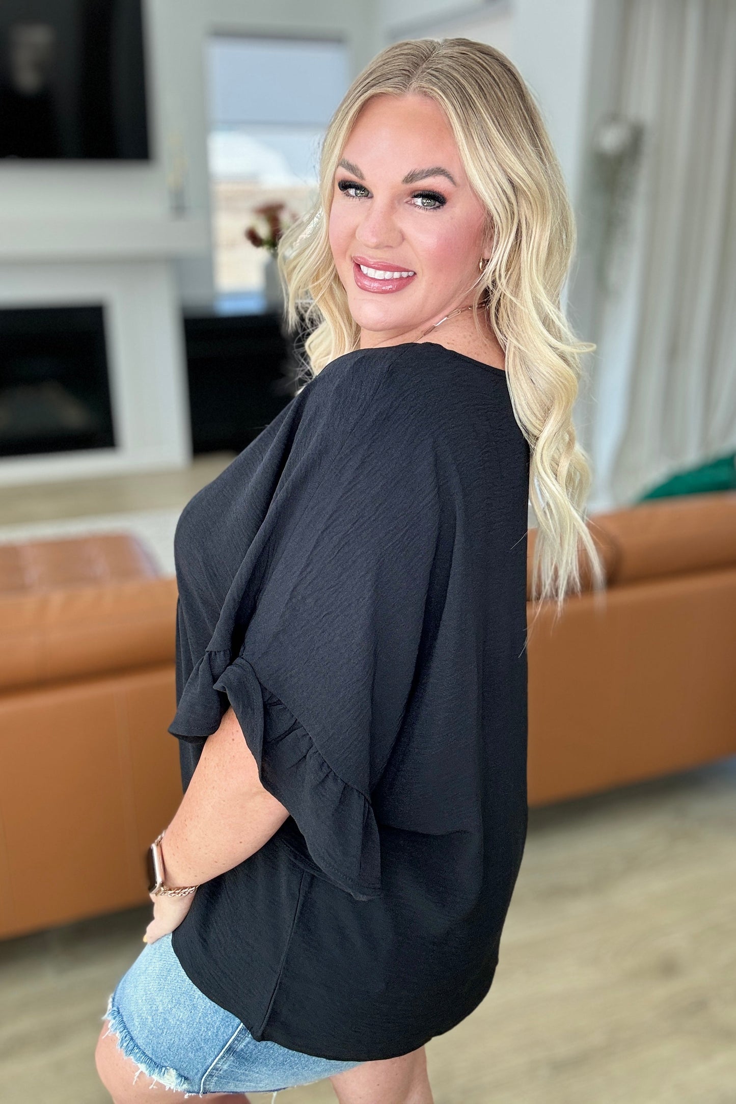 Airflow Peplum Ruffle Sleeve Top in Black-Tops-Modish Lily, Tecumseh Michigan