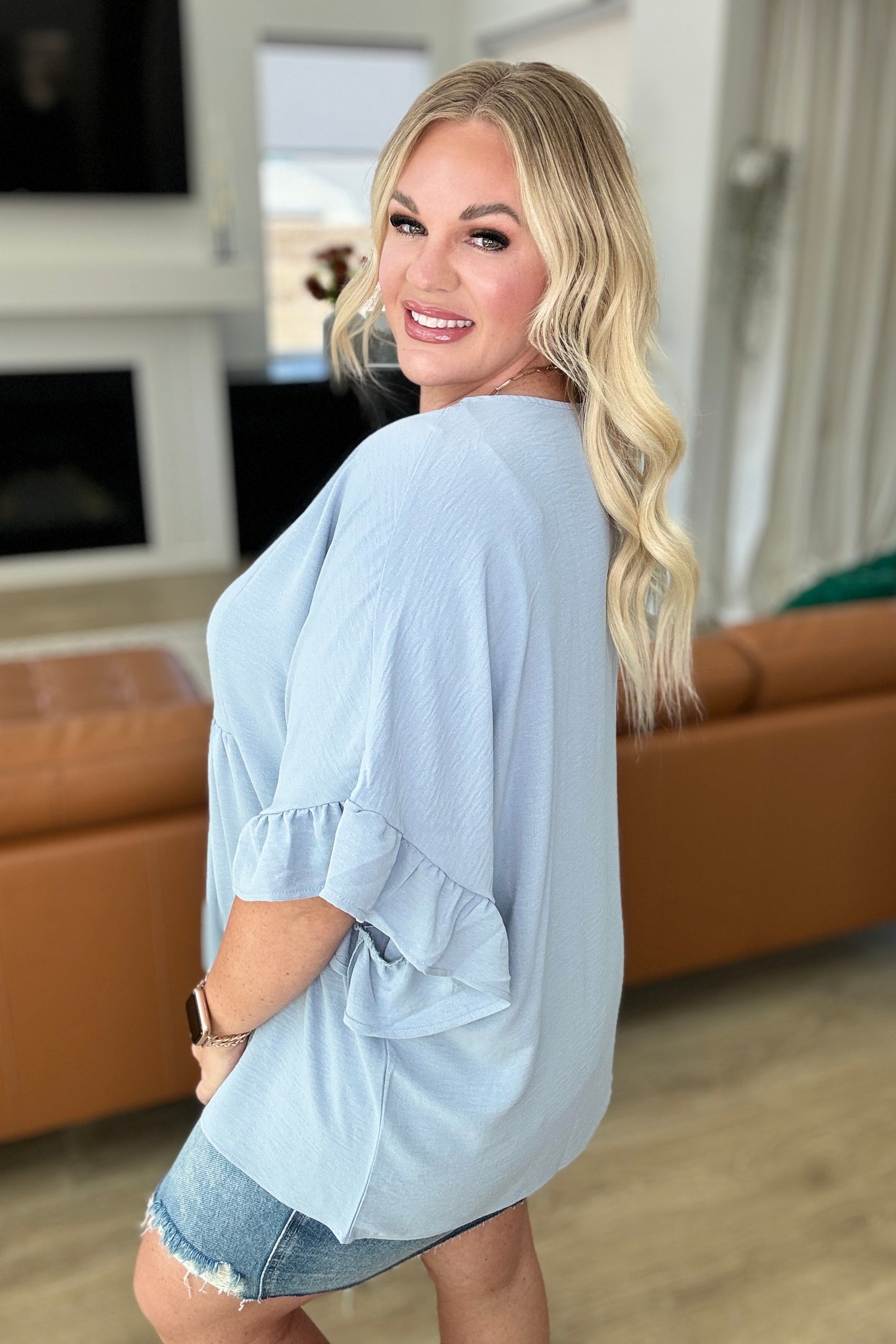 Airflow Peplum Ruffle Sleeve Top in Chambray-Tops-Modish Lily, Tecumseh Michigan