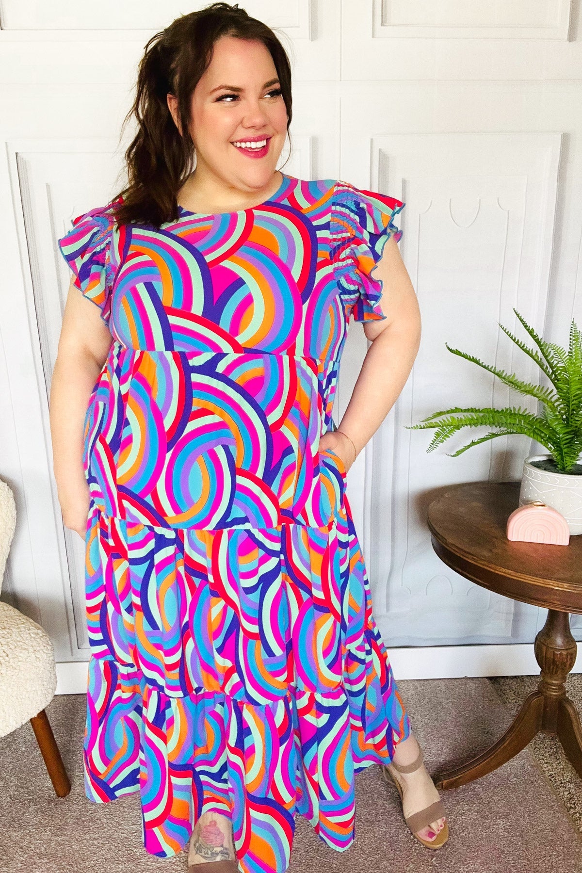 Feel Your Best Purple Abstract Print Smocked Ruffle Sleeve Maxi Dress-Modish Lily, Tecumseh Michigan