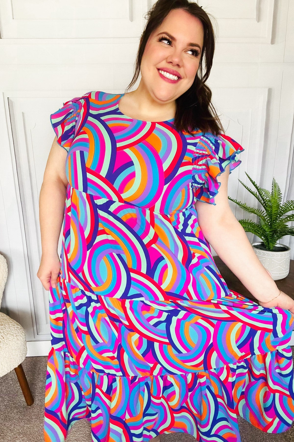 Feel Your Best Purple Abstract Print Smocked Ruffle Sleeve Maxi Dress-Modish Lily, Tecumseh Michigan