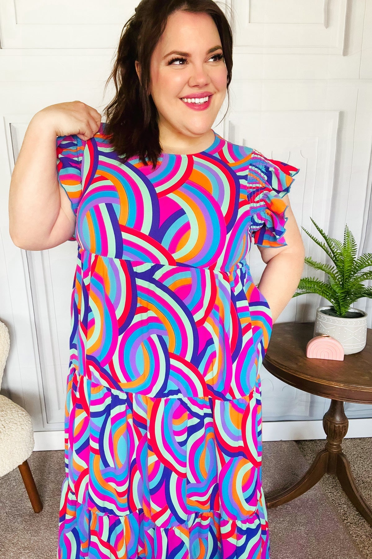 Feel Your Best Purple Abstract Print Smocked Ruffle Sleeve Maxi Dress-Modish Lily, Tecumseh Michigan