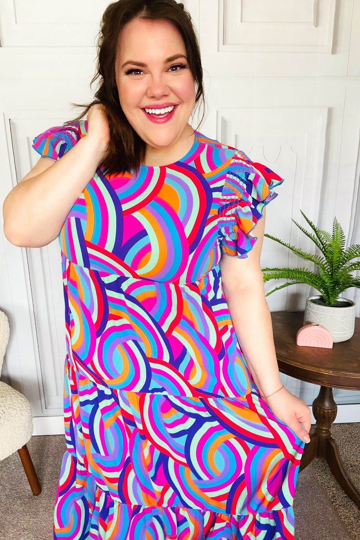 Feel Your Best Purple Abstract Print Smocked Ruffle Sleeve Maxi Dress-Modish Lily, Tecumseh Michigan