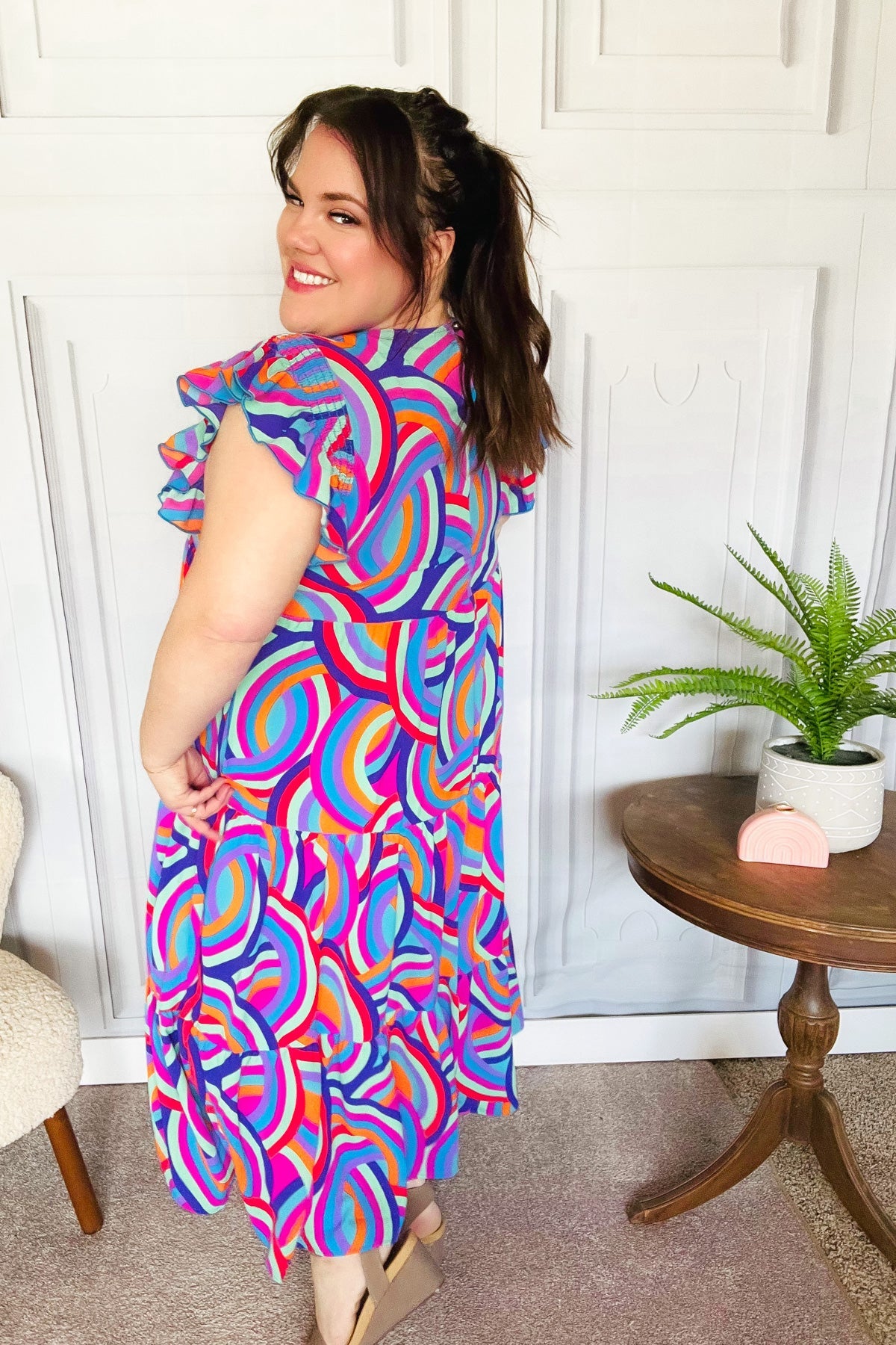 Feel Your Best Purple Abstract Print Smocked Ruffle Sleeve Maxi Dress-Modish Lily, Tecumseh Michigan
