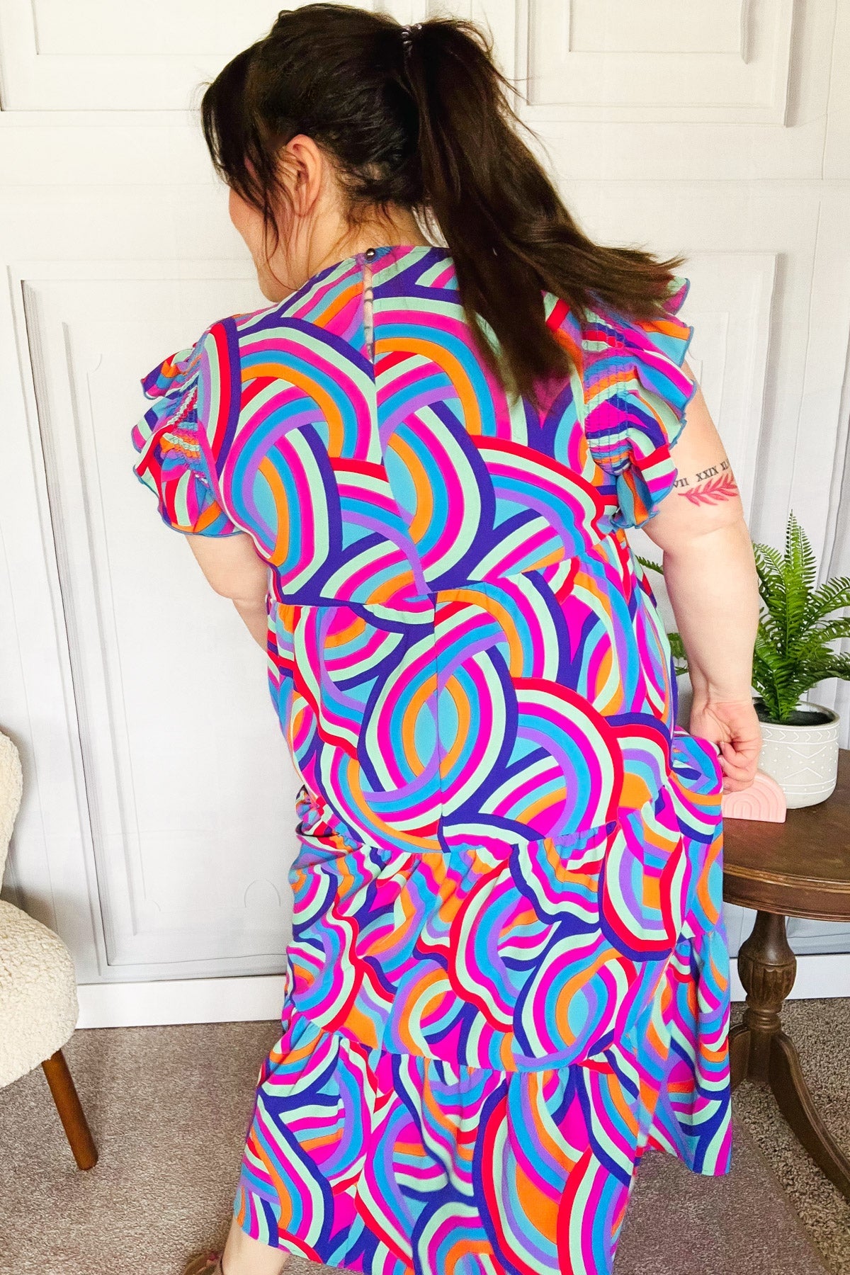 Feel Your Best Purple Abstract Print Smocked Ruffle Sleeve Maxi Dress-Modish Lily, Tecumseh Michigan