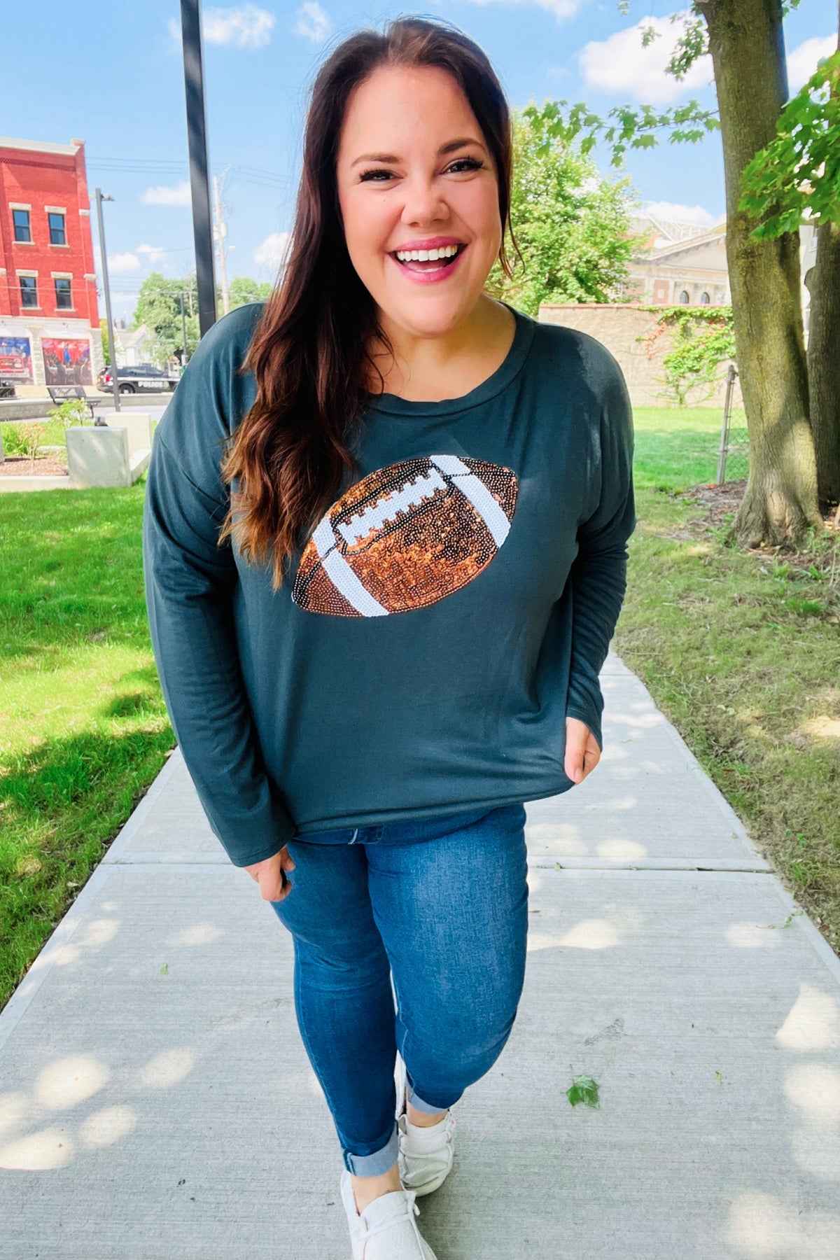 Game Day Forest Green Sequin Football Patch Terry Top-2024 Blow-Out Sale-Modish Lily, Tecumseh Michigan