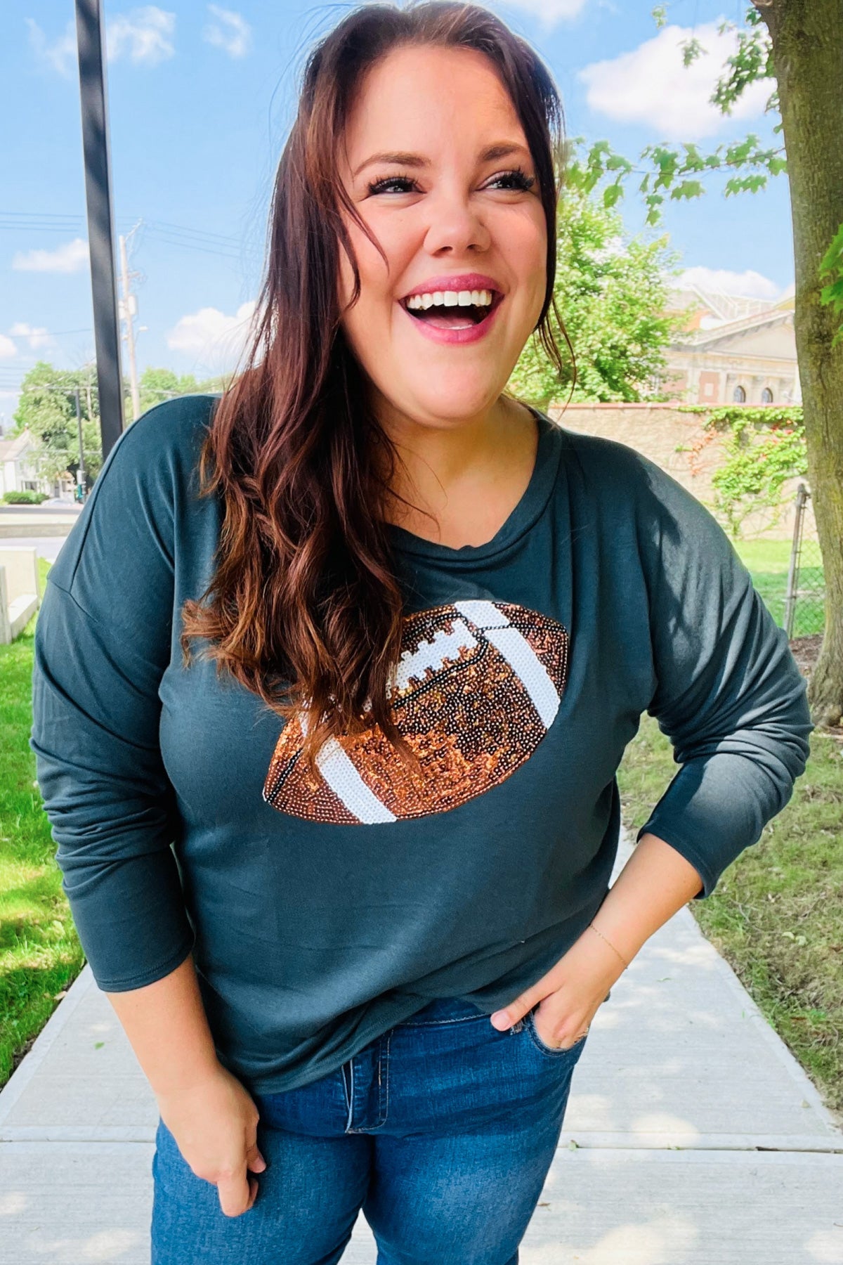 Game Day Forest Green Sequin Football Patch Terry Top-2024 Blow-Out Sale-Modish Lily, Tecumseh Michigan