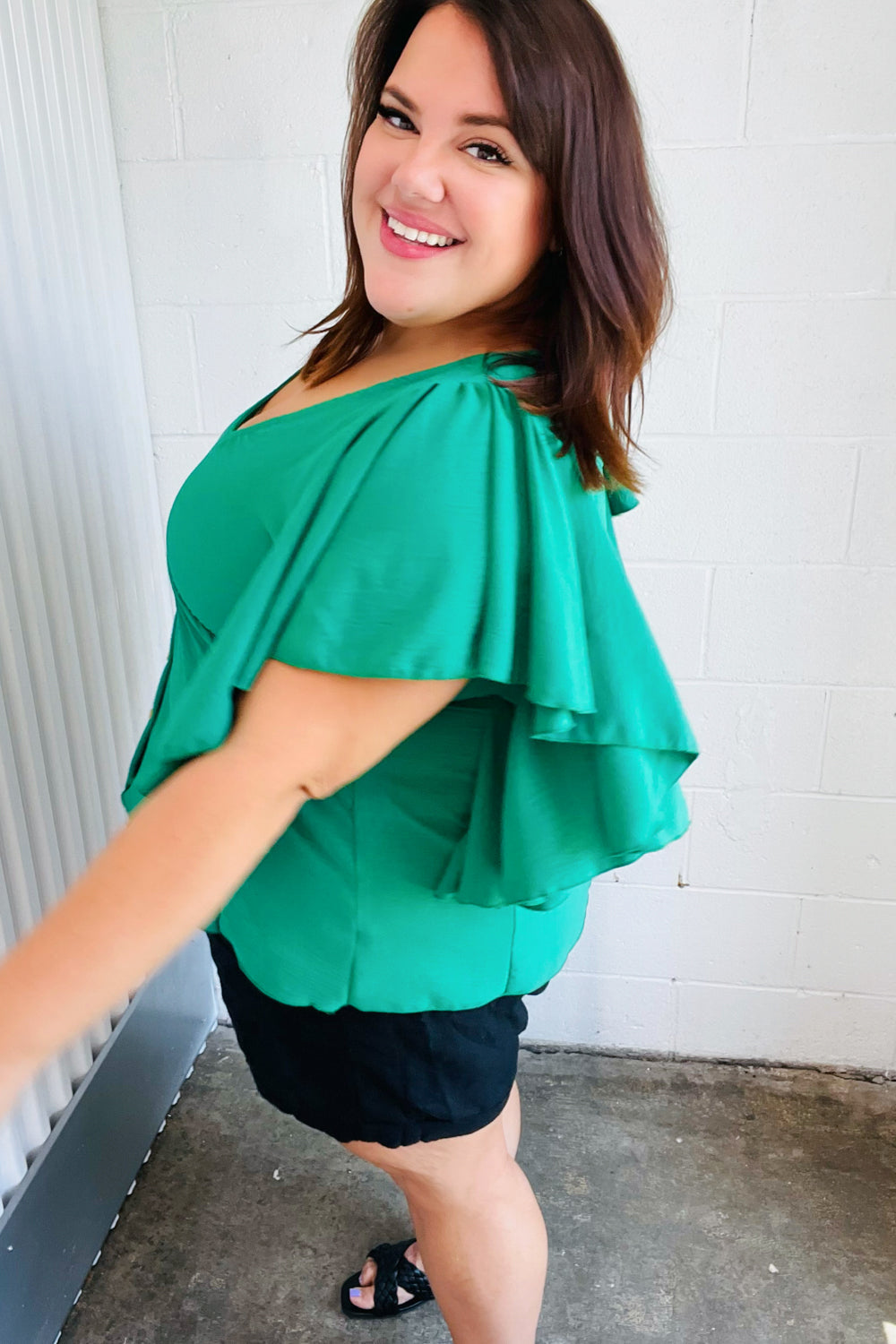 Sea Green Button Ruffle Woven Top-Modish Lily, Tecumseh Michigan