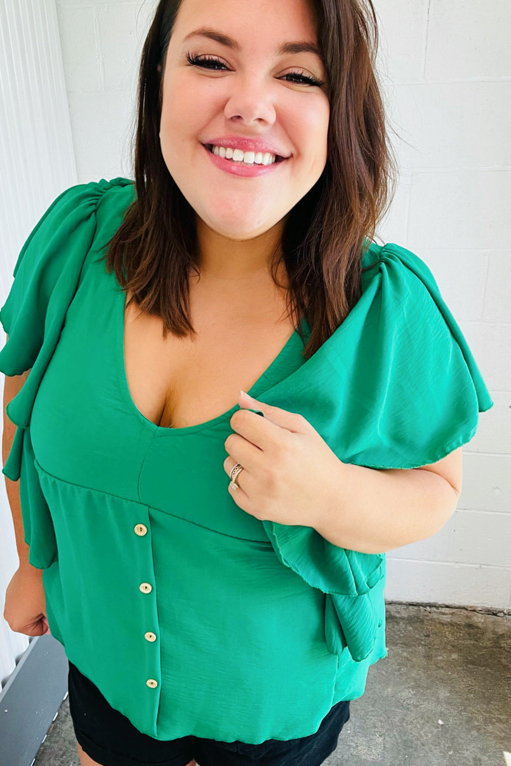 Sea Green Button Ruffle Woven Top-Modish Lily, Tecumseh Michigan