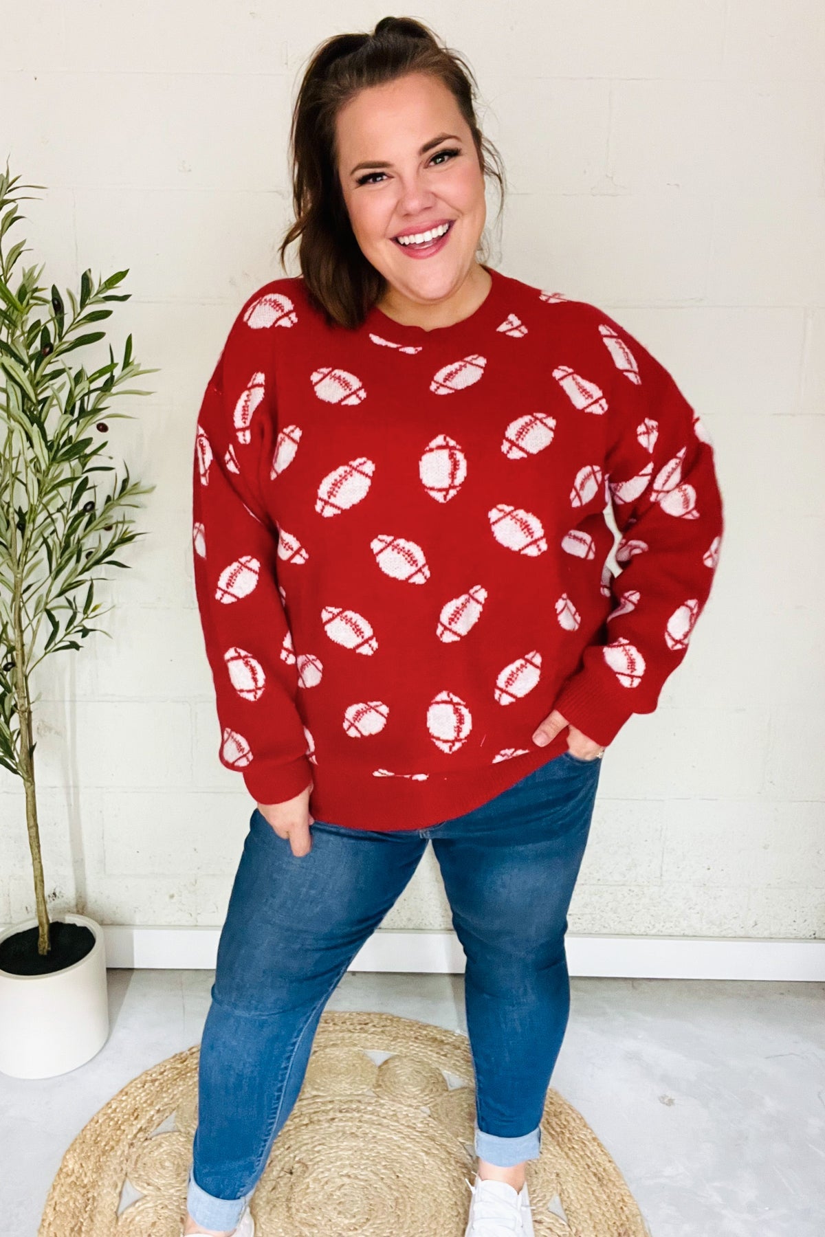Game Day Red Football Print Jacquard Knit Sweater-2024 Blow-Out Sale-Modish Lily, Tecumseh Michigan