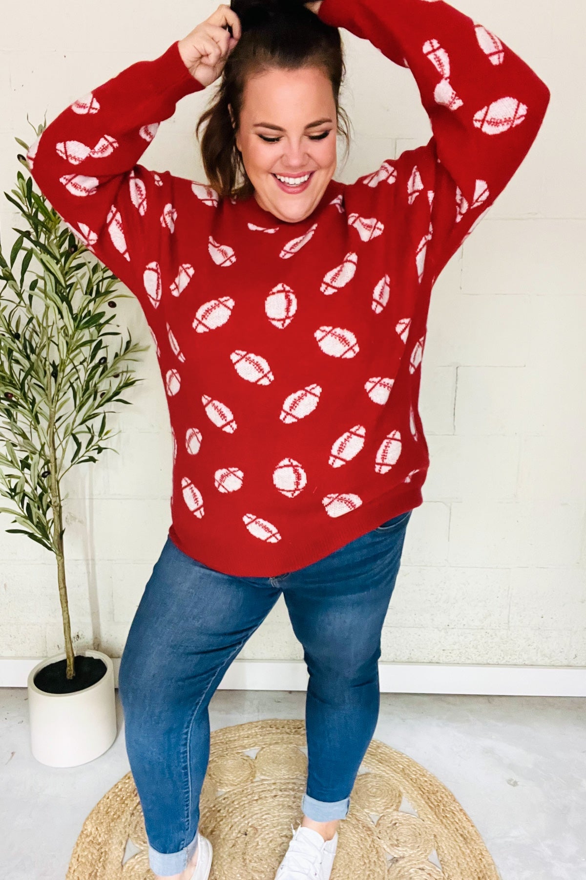 Game Day Red Football Print Jacquard Knit Sweater-2024 Blow-Out Sale-Modish Lily, Tecumseh Michigan