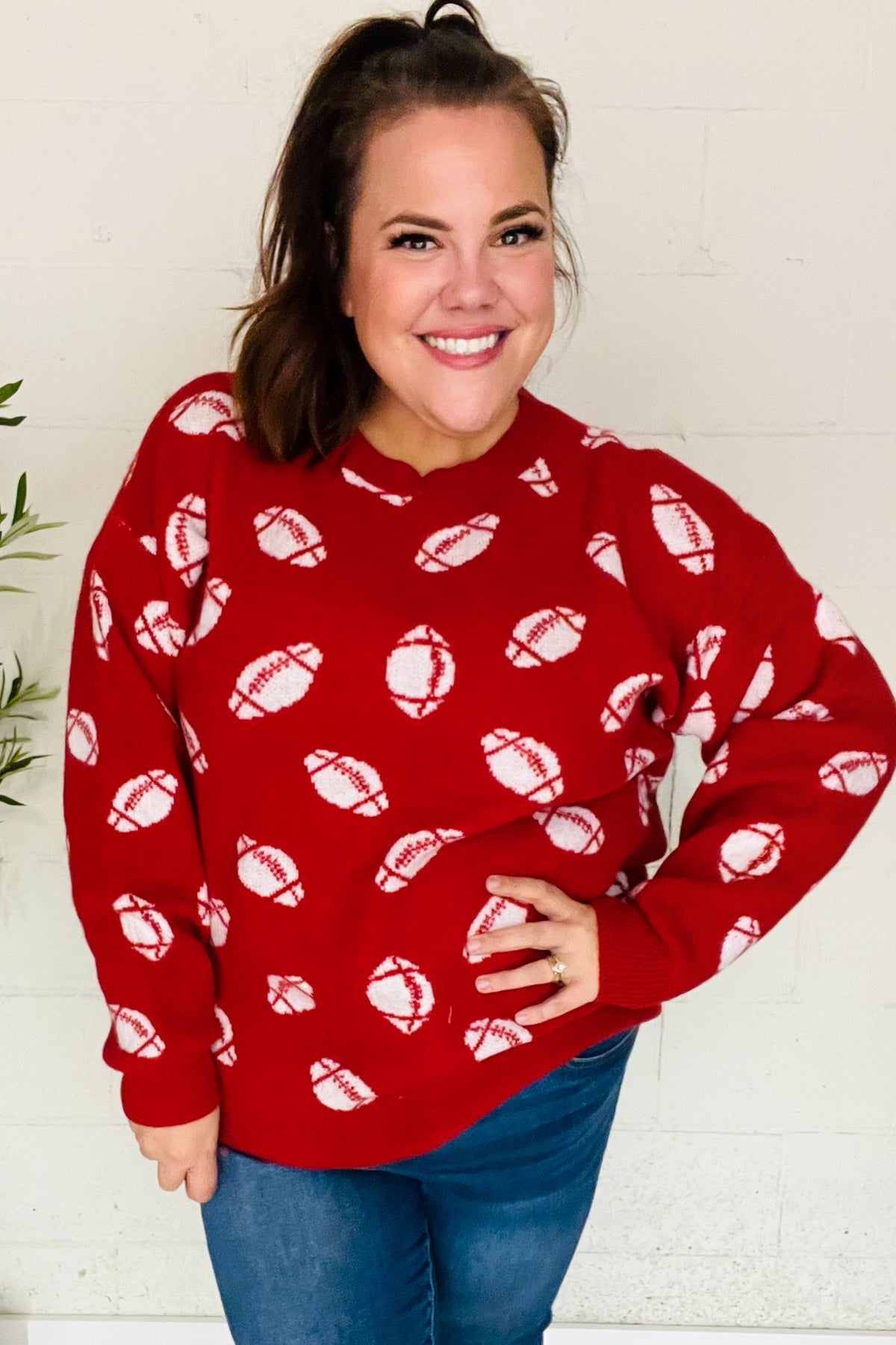 Game Day Red Football Print Jacquard Knit Sweater-2024 Blow-Out Sale-Modish Lily, Tecumseh Michigan