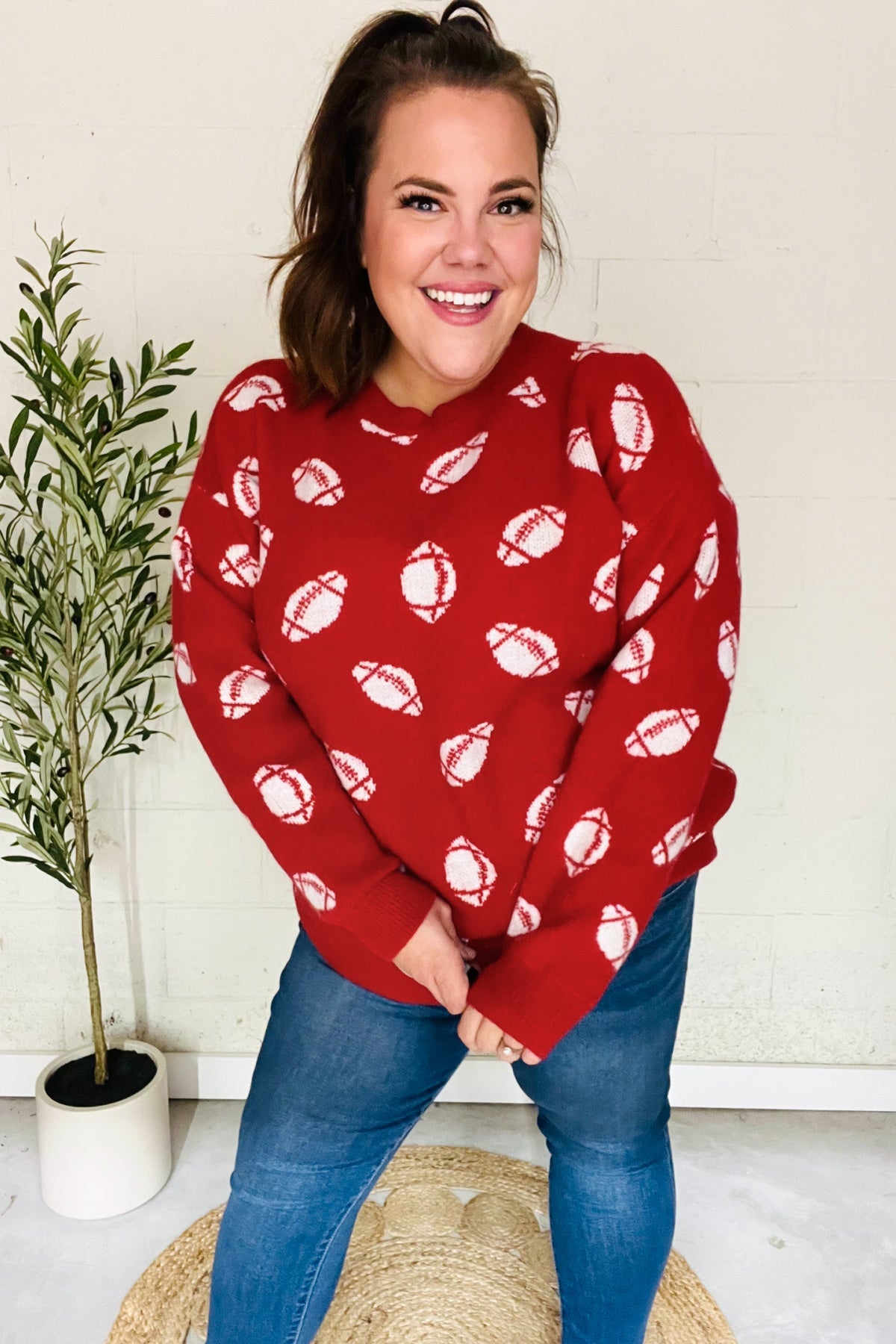 Game Day Red Football Print Jacquard Knit Sweater-2024 Blow-Out Sale-Modish Lily, Tecumseh Michigan