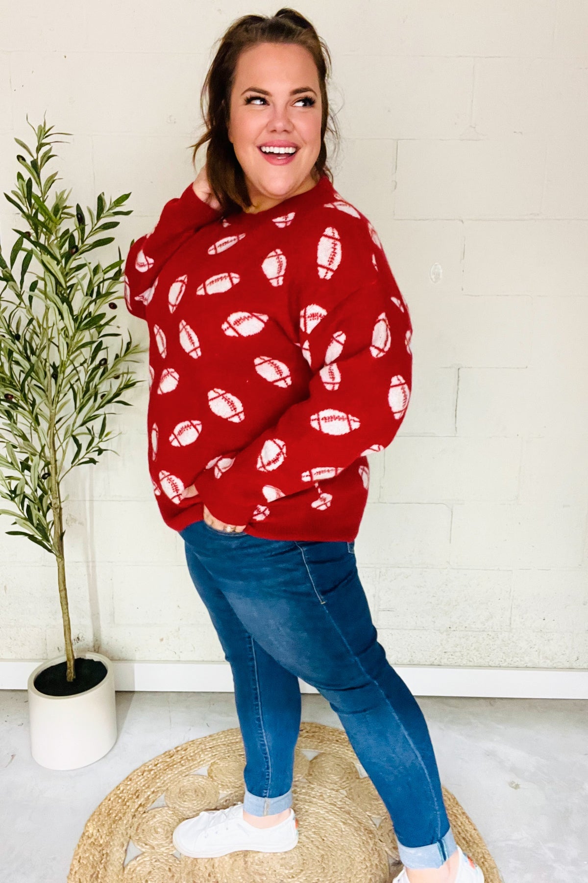 Game Day Red Football Print Jacquard Knit Sweater-2024 Blow-Out Sale-Modish Lily, Tecumseh Michigan