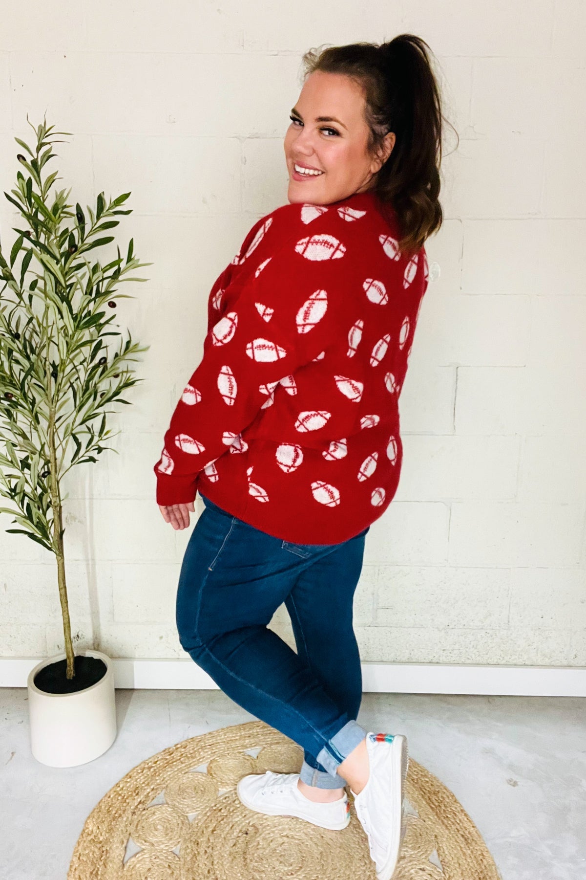 Game Day Red Football Print Jacquard Knit Sweater-2024 Blow-Out Sale-Modish Lily, Tecumseh Michigan