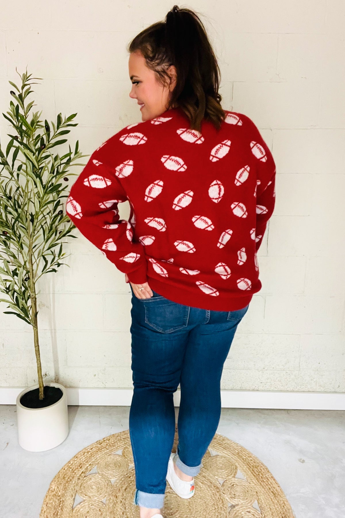 Game Day Red Football Print Jacquard Knit Sweater-2024 Blow-Out Sale-Modish Lily, Tecumseh Michigan