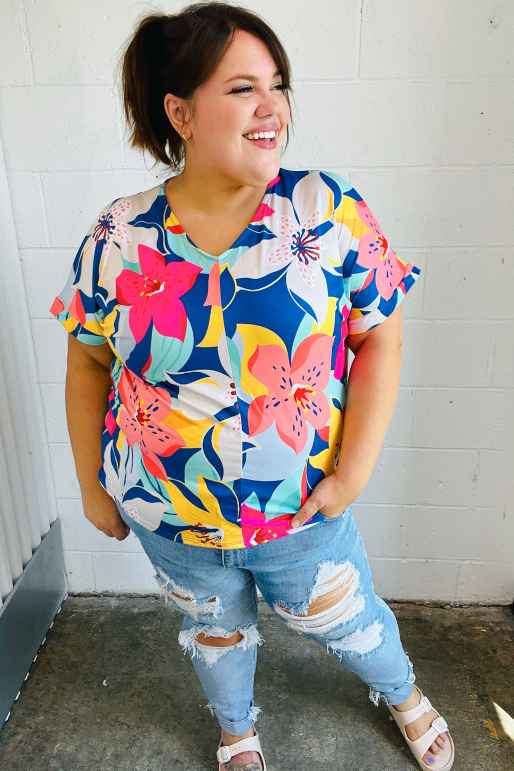 Navy & Yellow Tropical Floral V Neck Top-07-01-25 Summer Sale-Modish Lily, Tecumseh Michigan
