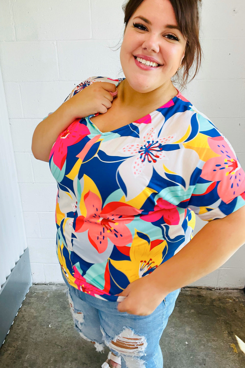 Navy & Yellow Tropical Floral V Neck Top-07-01-25 Summer Sale-Modish Lily, Tecumseh Michigan