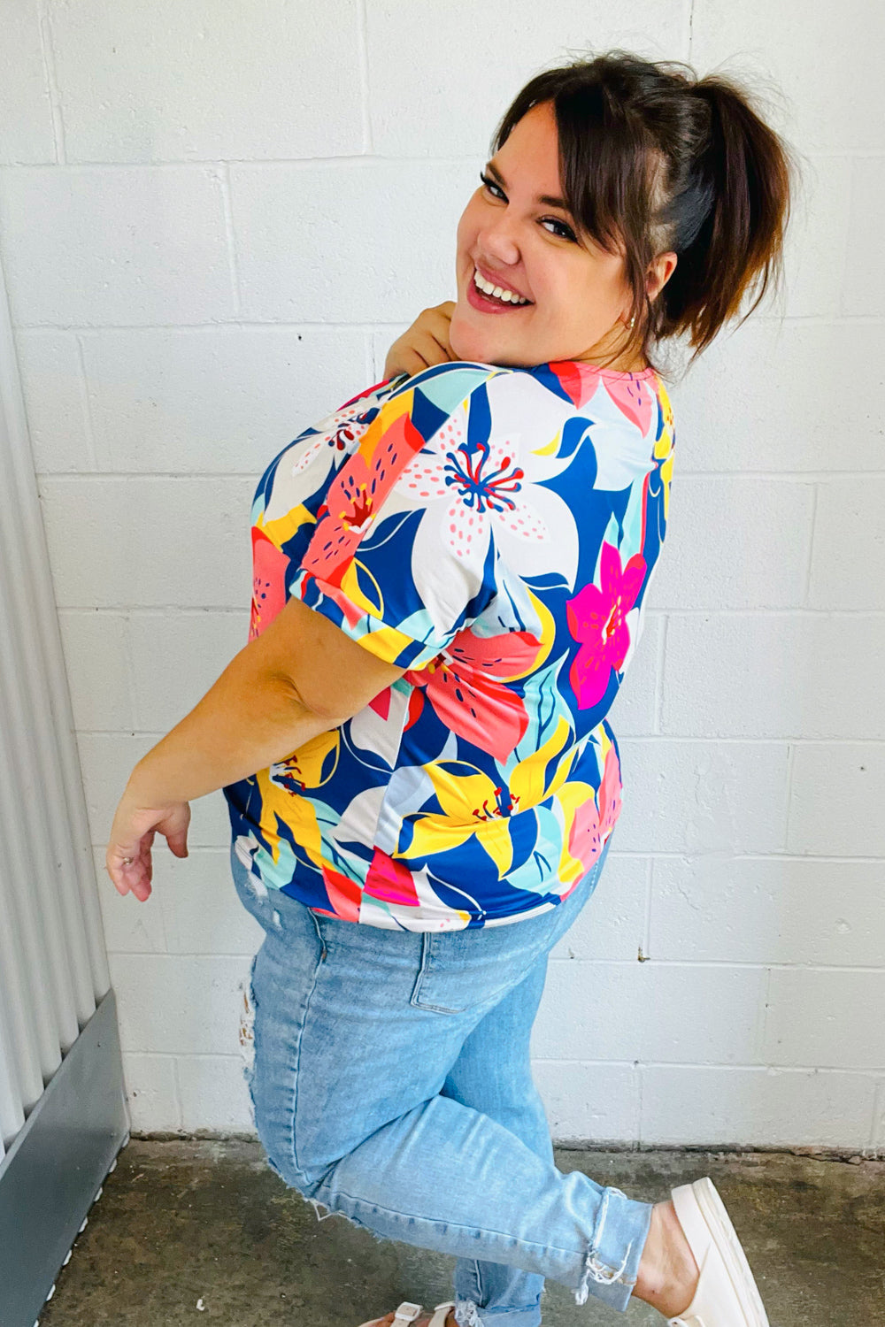 Navy & Yellow Tropical Floral V Neck Top-07-01-25 Summer Sale-Modish Lily, Tecumseh Michigan