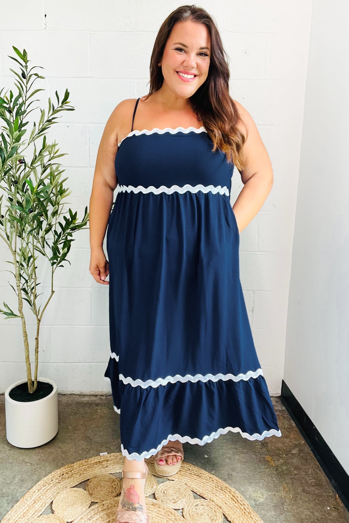 Bold & Sassy Navy Square Neck Ric Rac Trim Adjustable Straps Maxi-Modish Lily, Tecumseh Michigan
