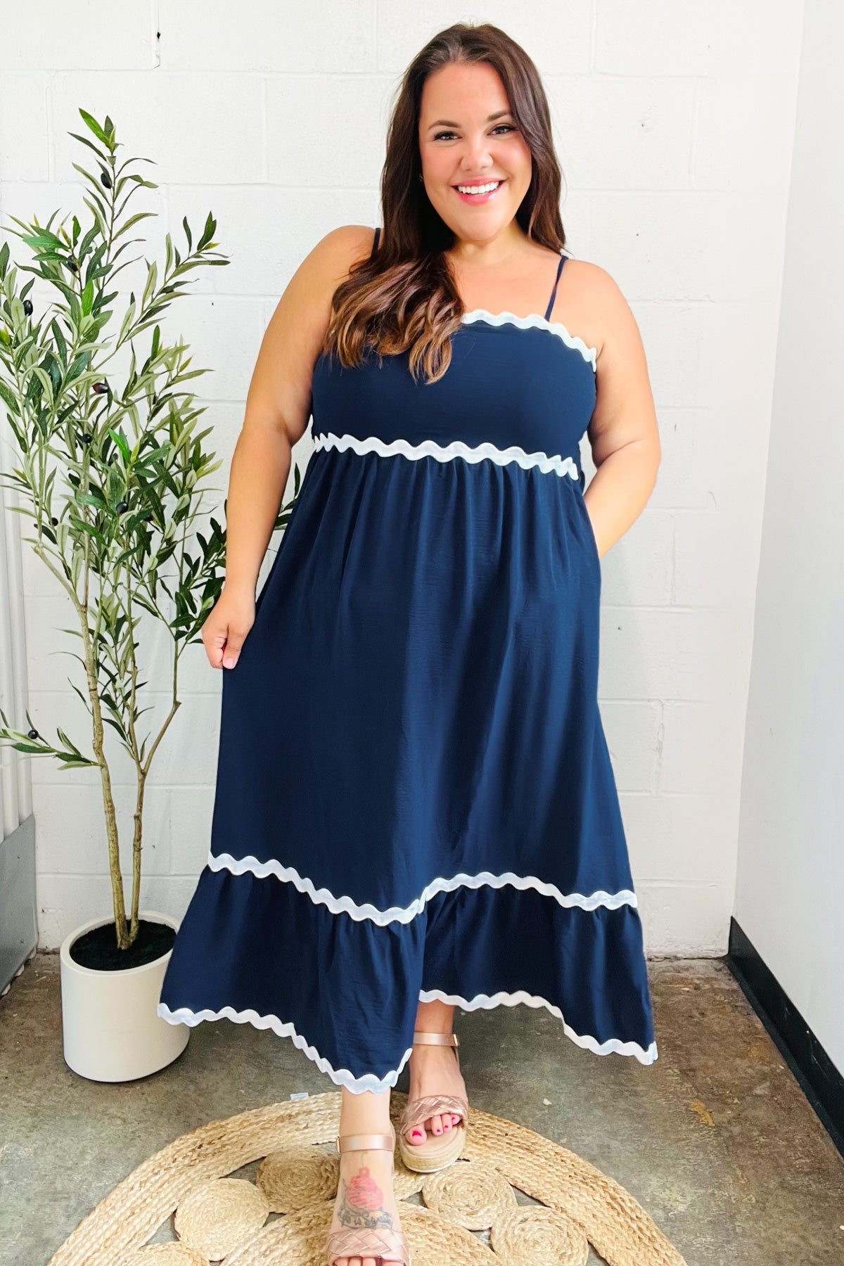 Bold & Sassy Navy Square Neck Ric Rac Trim Adjustable Straps Maxi-Modish Lily, Tecumseh Michigan