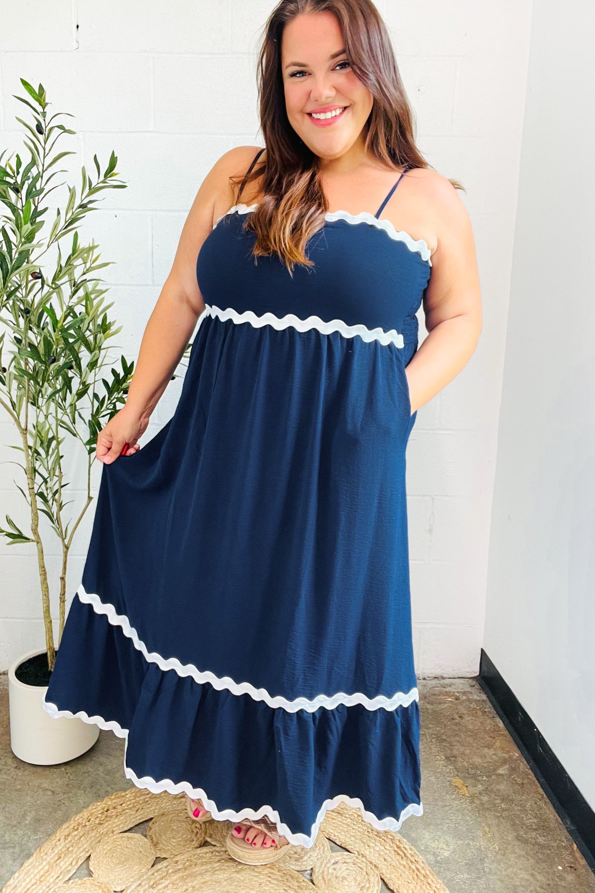 Bold & Sassy Navy Square Neck Ric Rac Trim Adjustable Straps Maxi-Modish Lily, Tecumseh Michigan