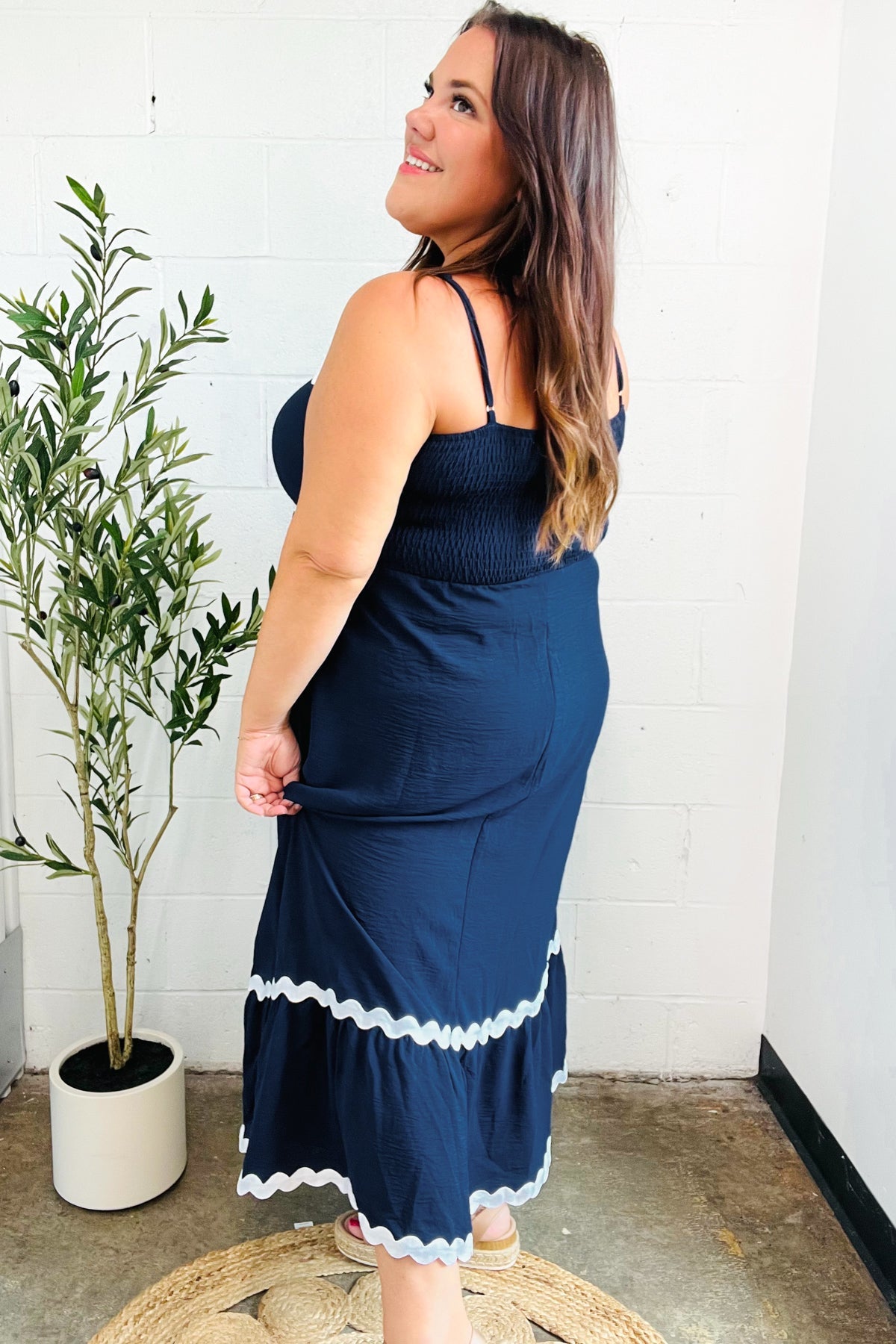Bold & Sassy Navy Square Neck Ric Rac Trim Adjustable Straps Maxi-Modish Lily, Tecumseh Michigan