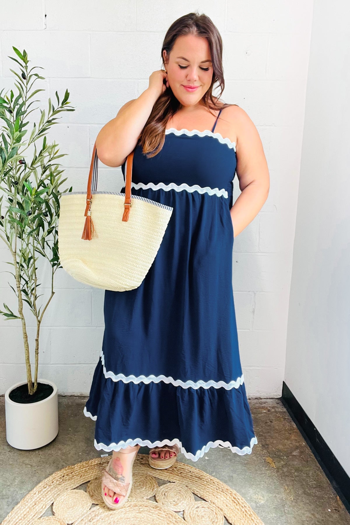 Bold & Sassy Navy Square Neck Ric Rac Trim Adjustable Straps Maxi-Modish Lily, Tecumseh Michigan