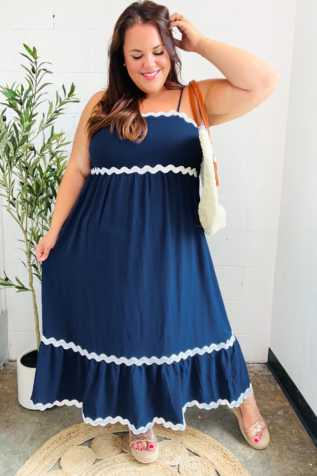 Bold & Sassy Navy Square Neck Ric Rac Trim Adjustable Straps Maxi-Modish Lily, Tecumseh Michigan