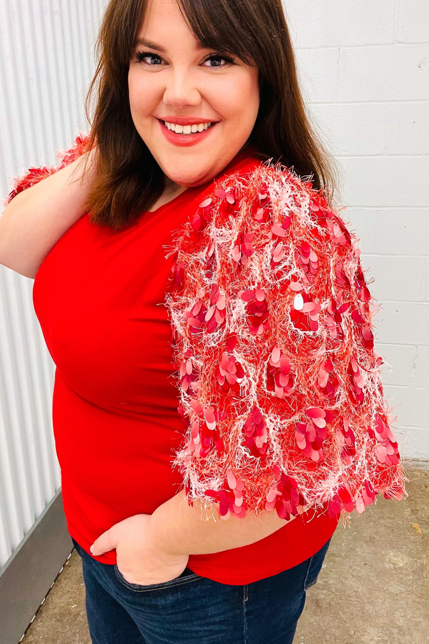 Come To Me Red Sequin Puff Short Sleeve Top-Modish Lily, Tecumseh Michigan