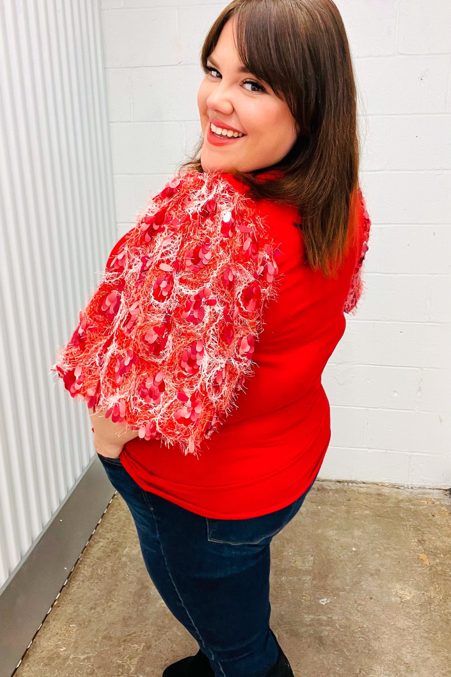 Come To Me Red Sequin Puff Short Sleeve Top-Modish Lily, Tecumseh Michigan