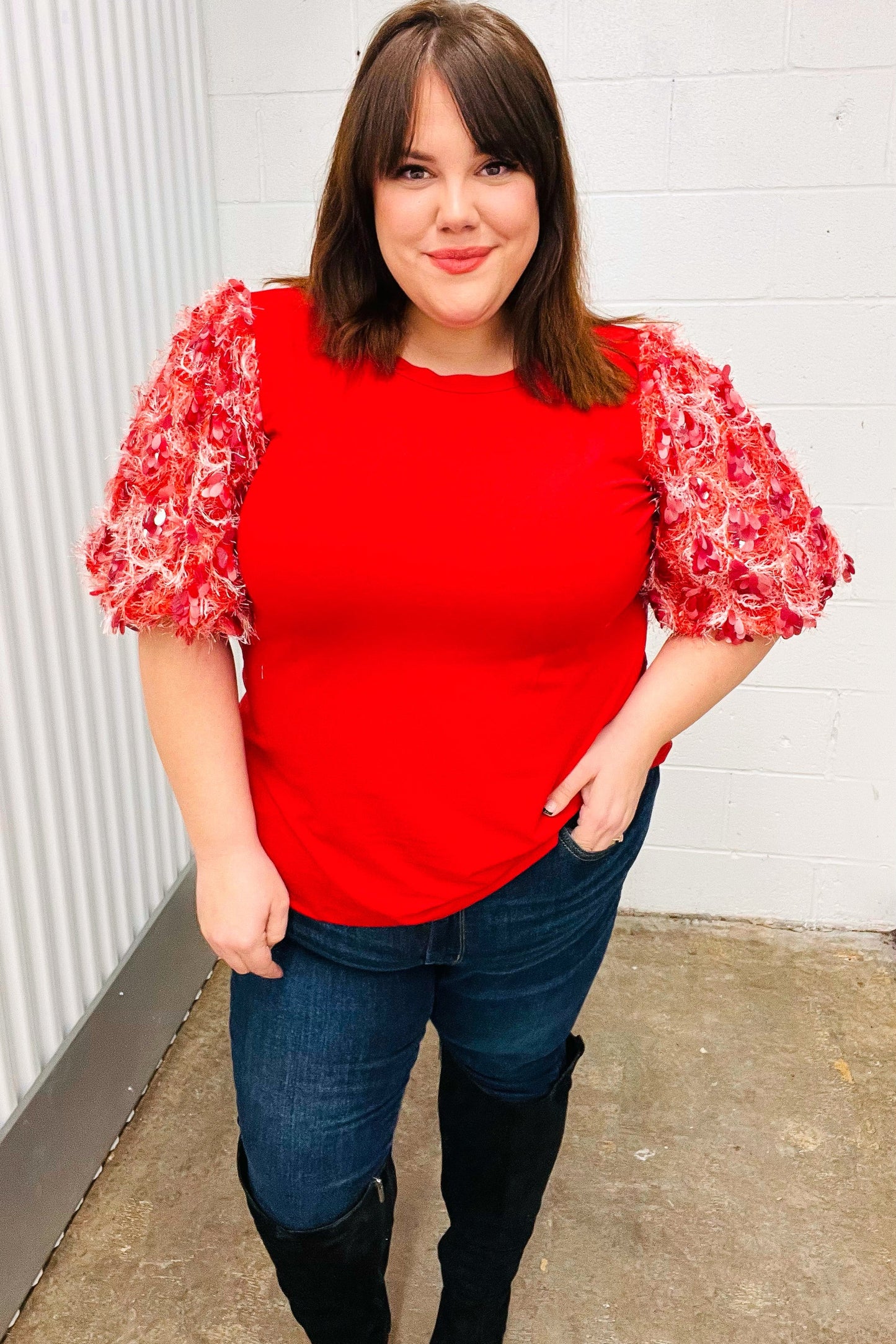 Come To Me Red Sequin Puff Short Sleeve Top-Modish Lily, Tecumseh Michigan