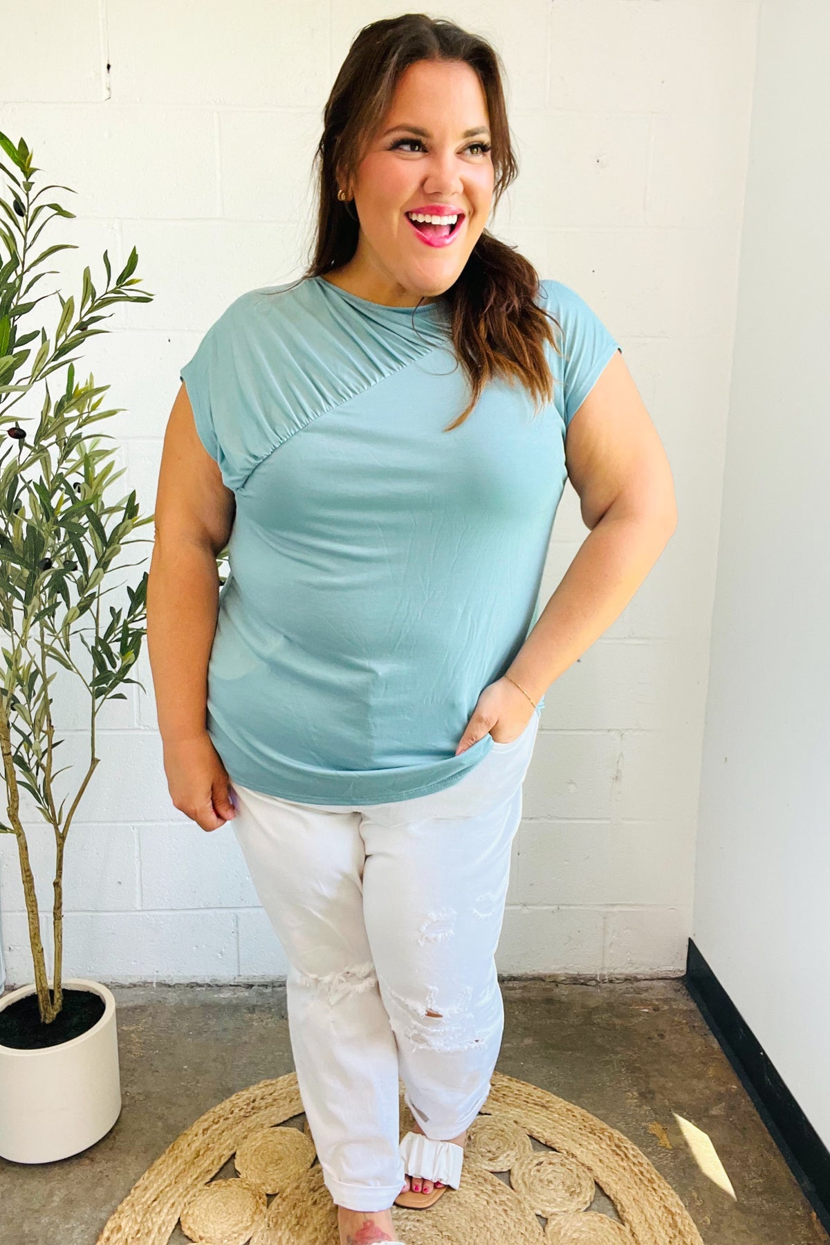 Charming in Aqua Asymmetrical Shirred Modal Top-07-01-25 Summer Sale-Modish Lily, Tecumseh Michigan