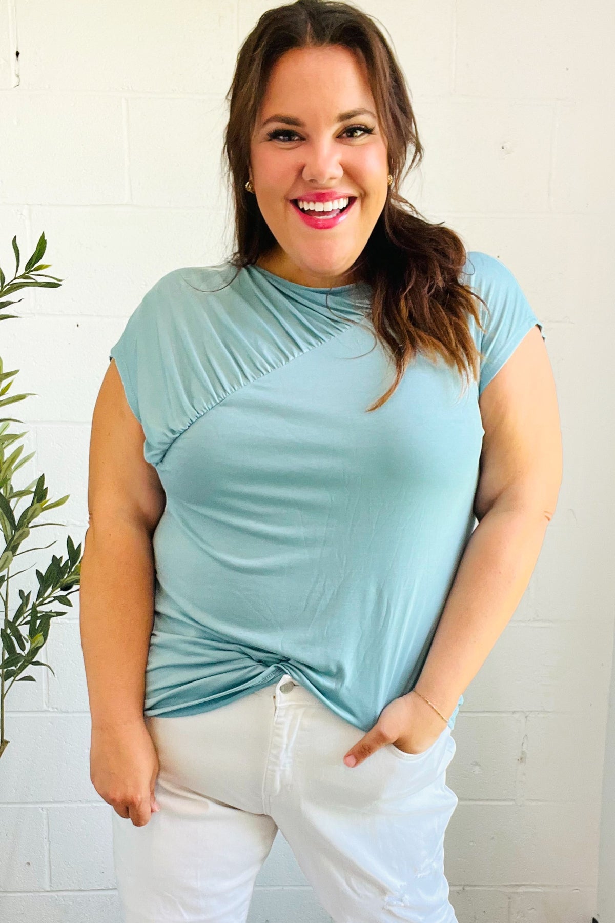 Charming in Aqua Asymmetrical Shirred Modal Top-07-01-25 Summer Sale-Modish Lily, Tecumseh Michigan
