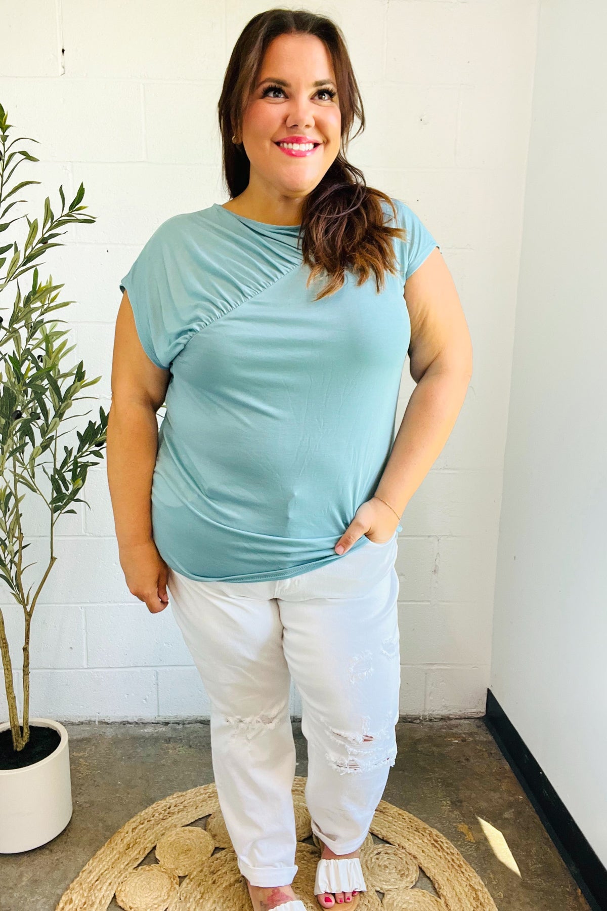 Charming in Aqua Asymmetrical Shirred Modal Top-07-01-25 Summer Sale-Modish Lily, Tecumseh Michigan