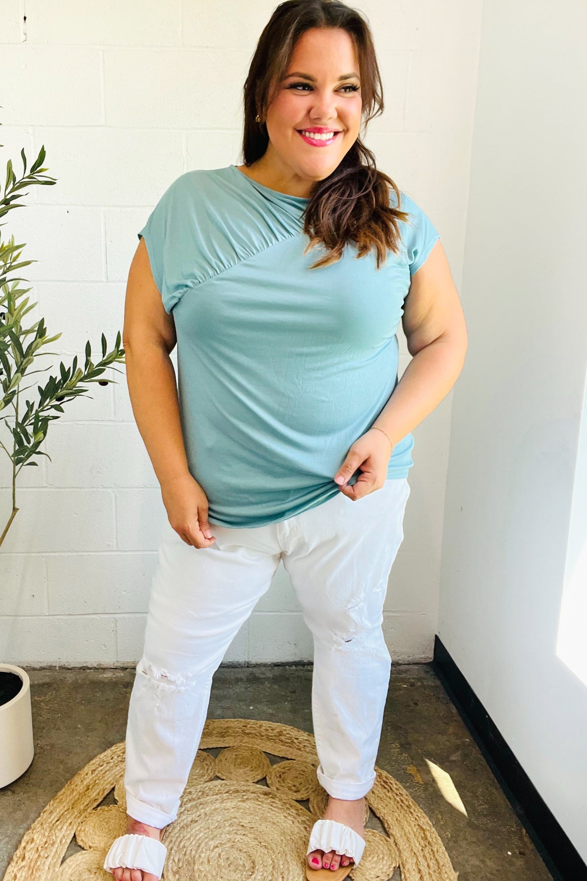 Charming in Aqua Asymmetrical Shirred Modal Top-07-01-25 Summer Sale-Modish Lily, Tecumseh Michigan