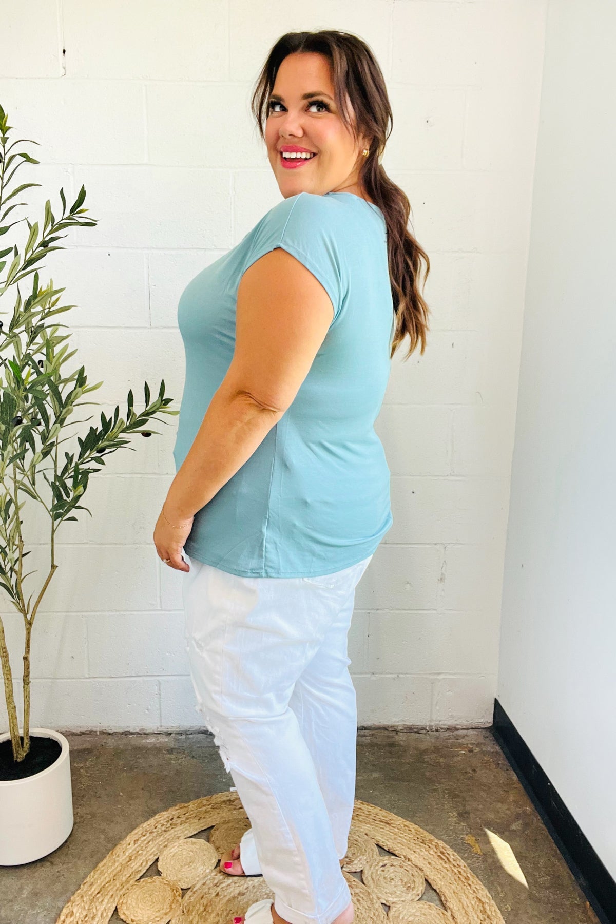 Charming in Aqua Asymmetrical Shirred Modal Top-07-01-25 Summer Sale-Modish Lily, Tecumseh Michigan