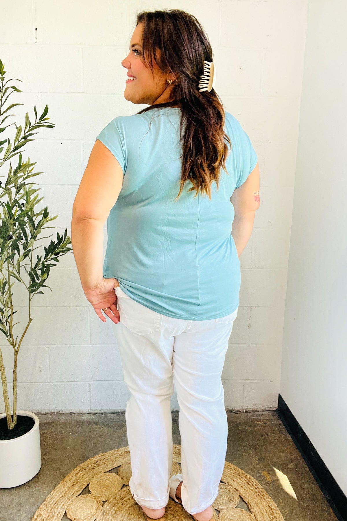 Charming in Aqua Asymmetrical Shirred Modal Top-07-01-25 Summer Sale-Modish Lily, Tecumseh Michigan