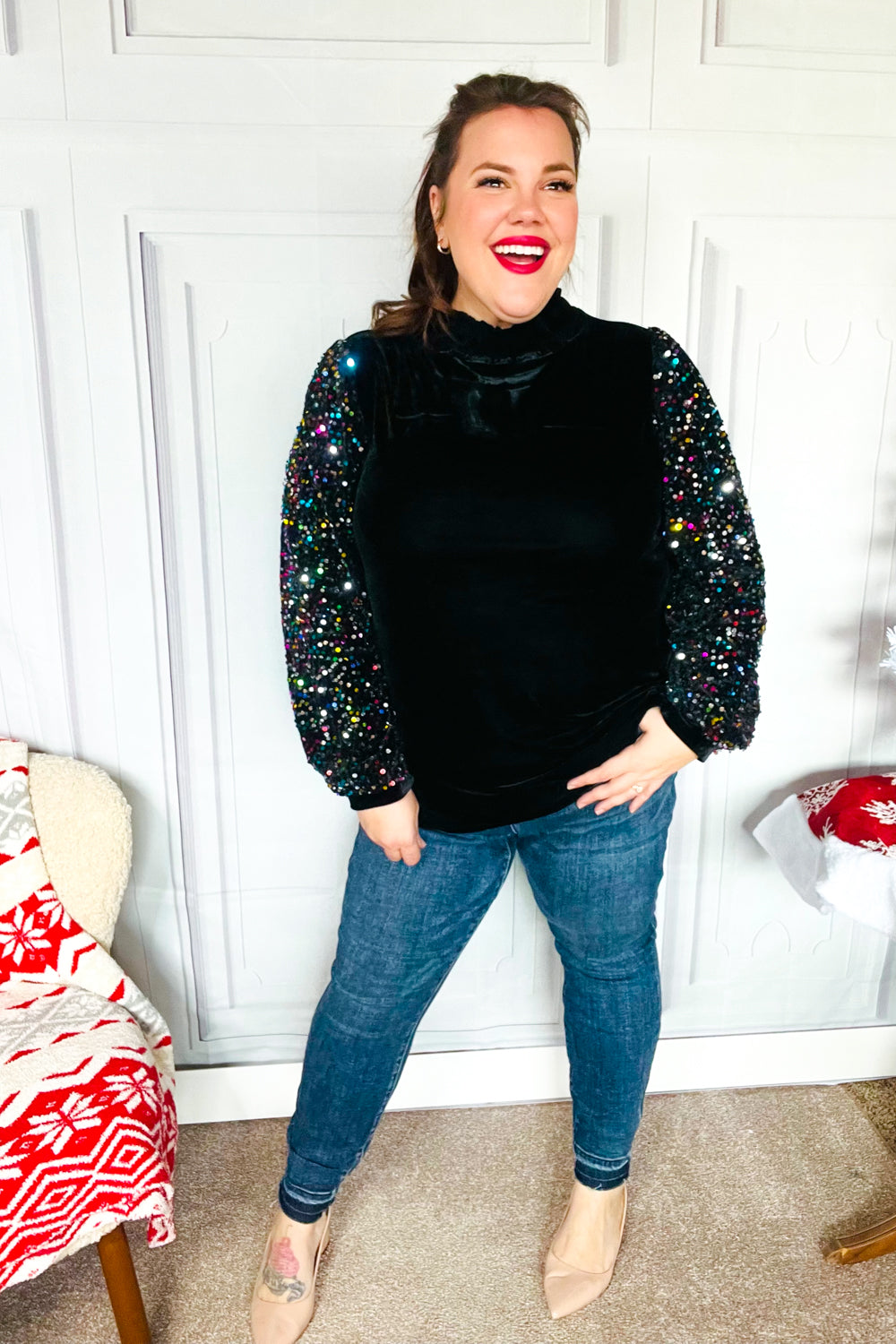 Under the Lights Black Velvet & Sequin Frill Mock Neck Top-Modish Lily, Tecumseh Michigan